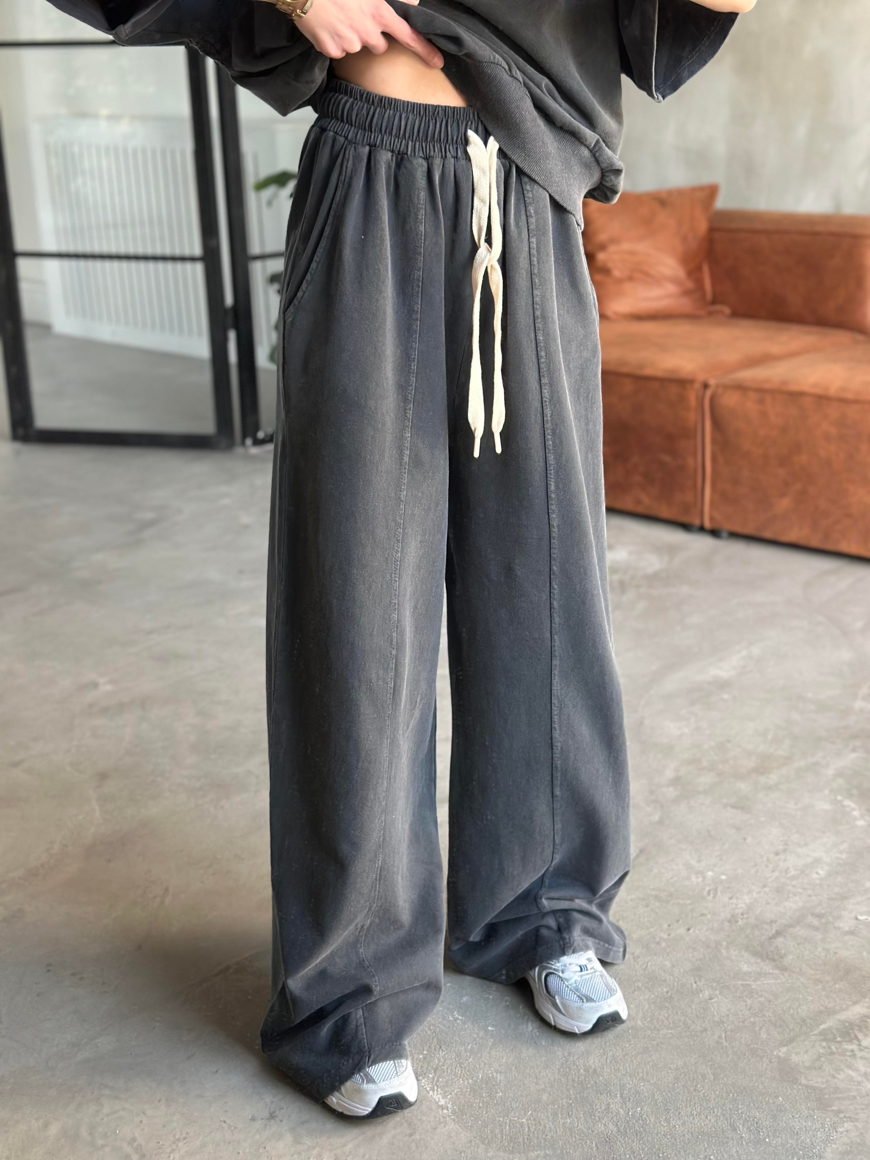 Dantel Detay Yıkamalı Oversize Takım - Siyah - Dominatrend