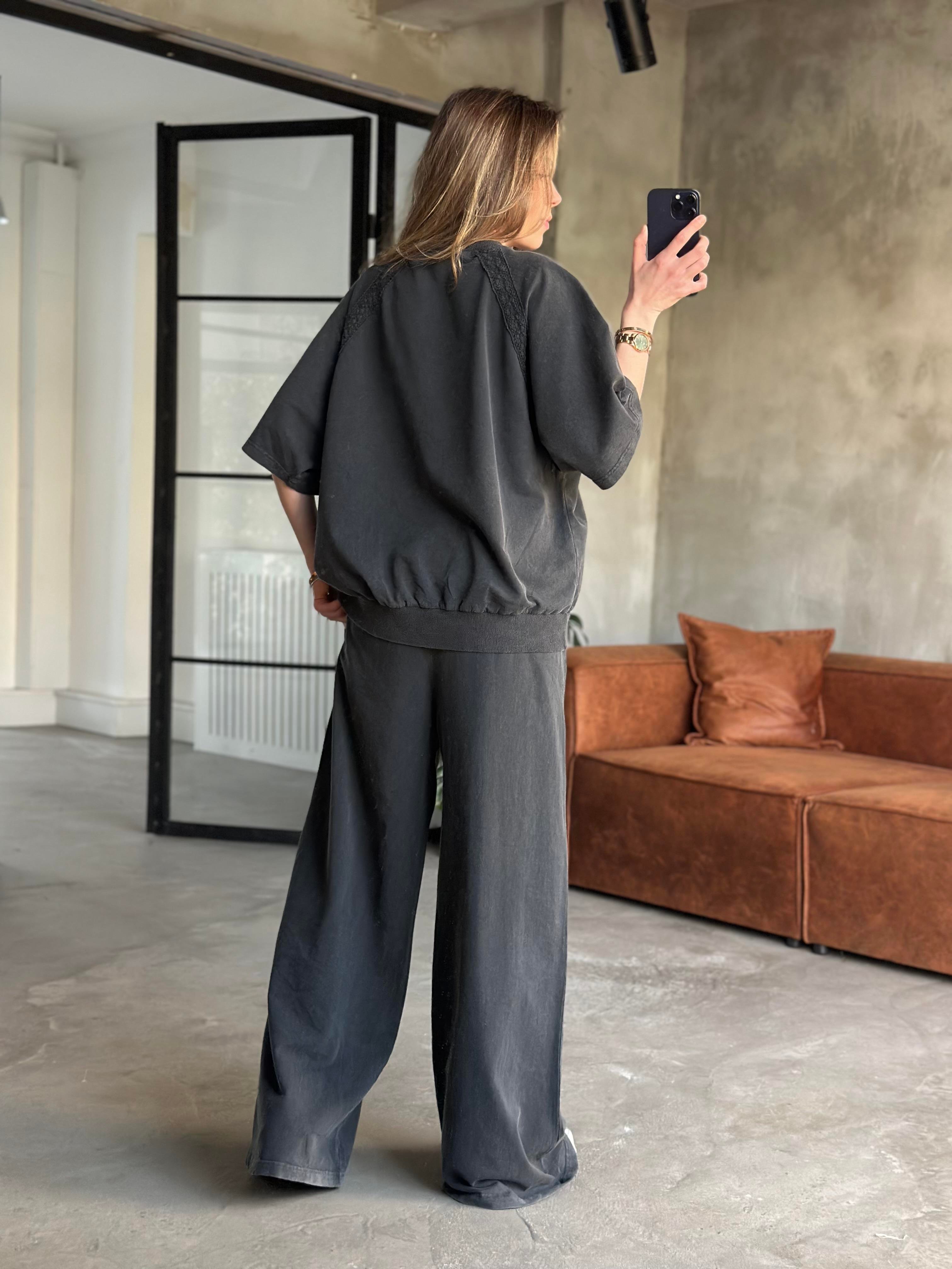 Dantel Detay Yıkamalı Oversize Takım - Siyah - Dominatrend