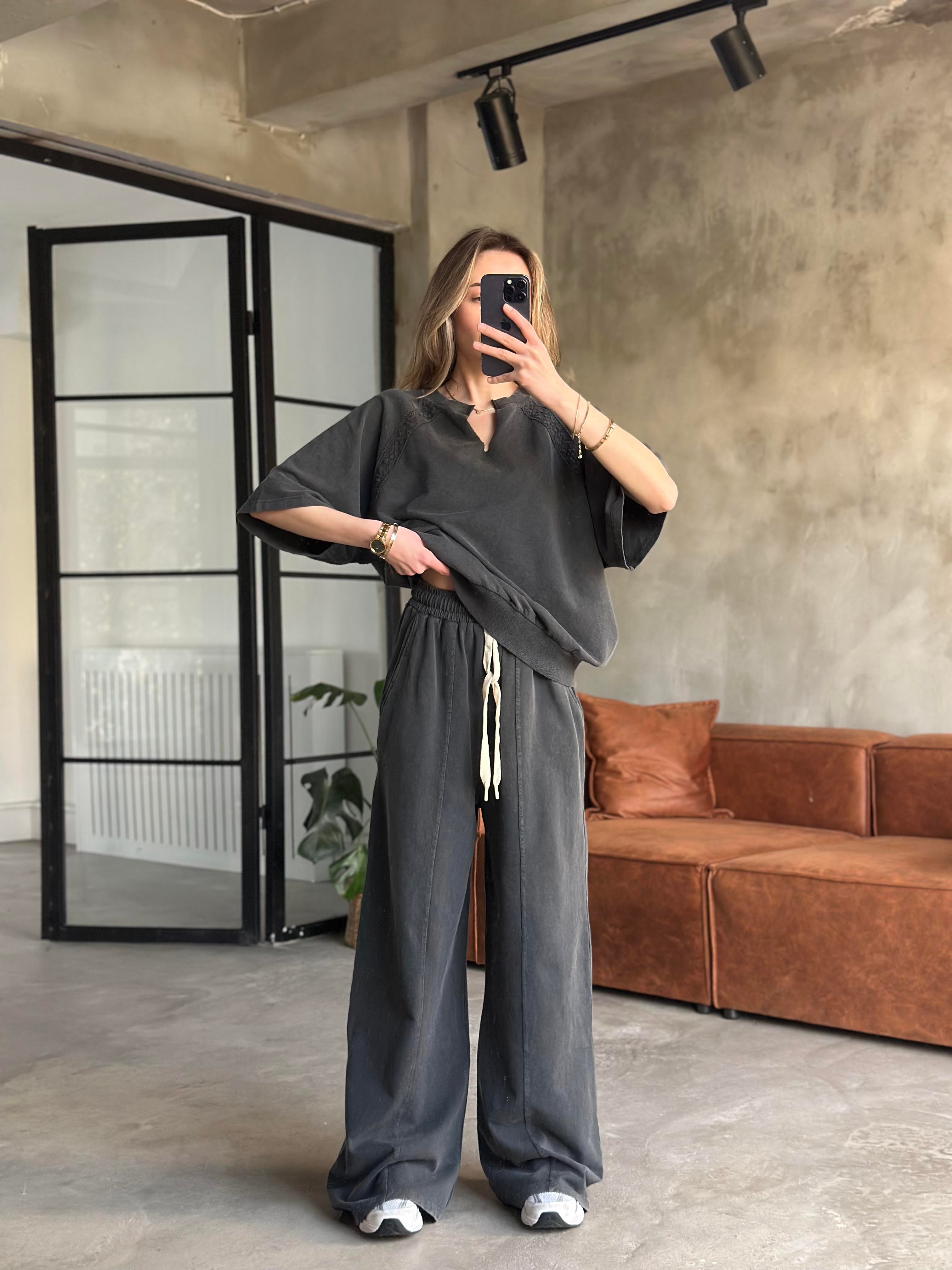 Dantel Detay Yıkamalı Oversize Takım - Siyah - Dominatrend