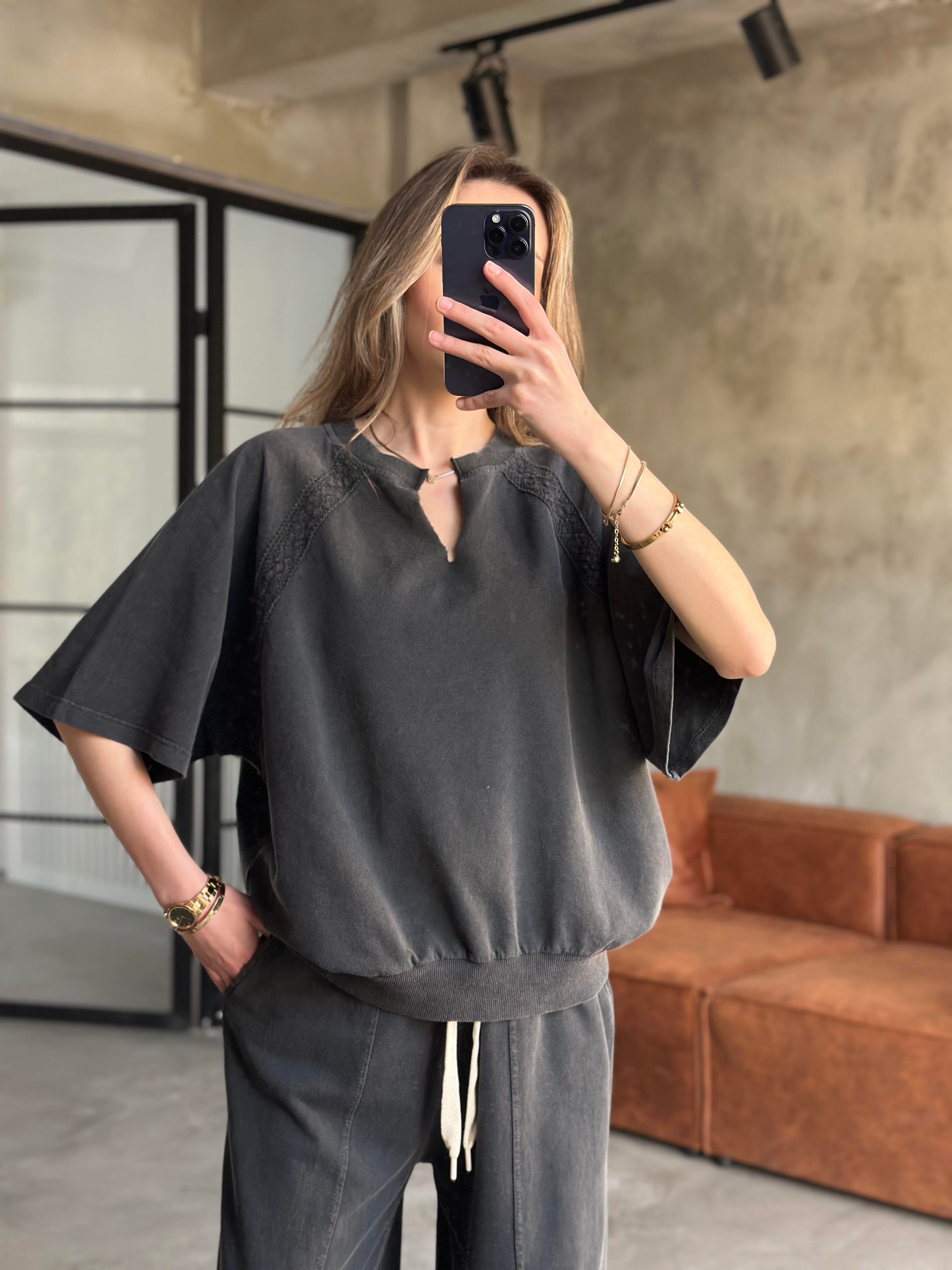 Dantel Detay Yıkamalı Oversize Takım - Siyah - Dominatrend