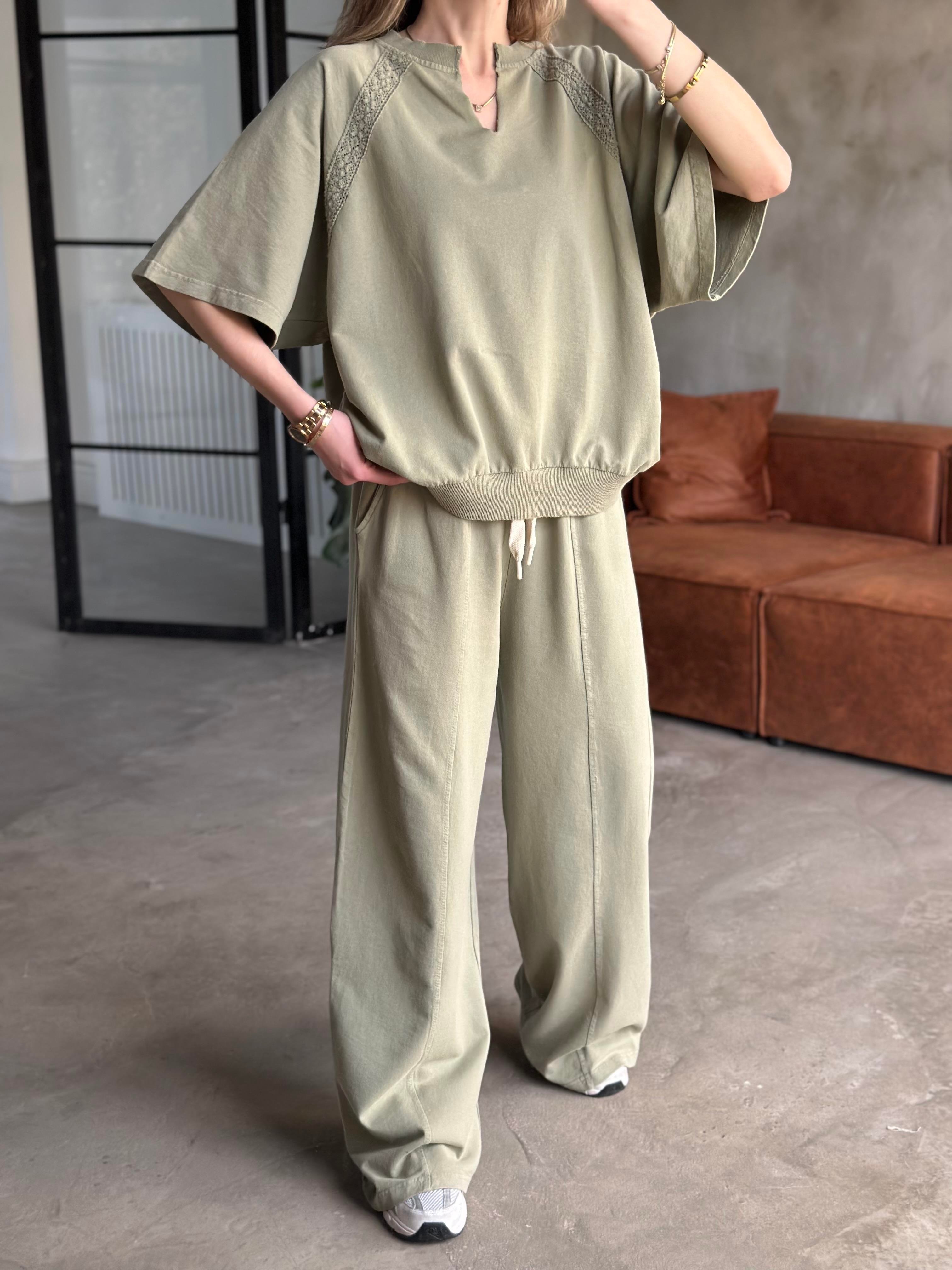Dantel Detay Yıkamalı Oversize Takım - Yeşil - Dominatrend