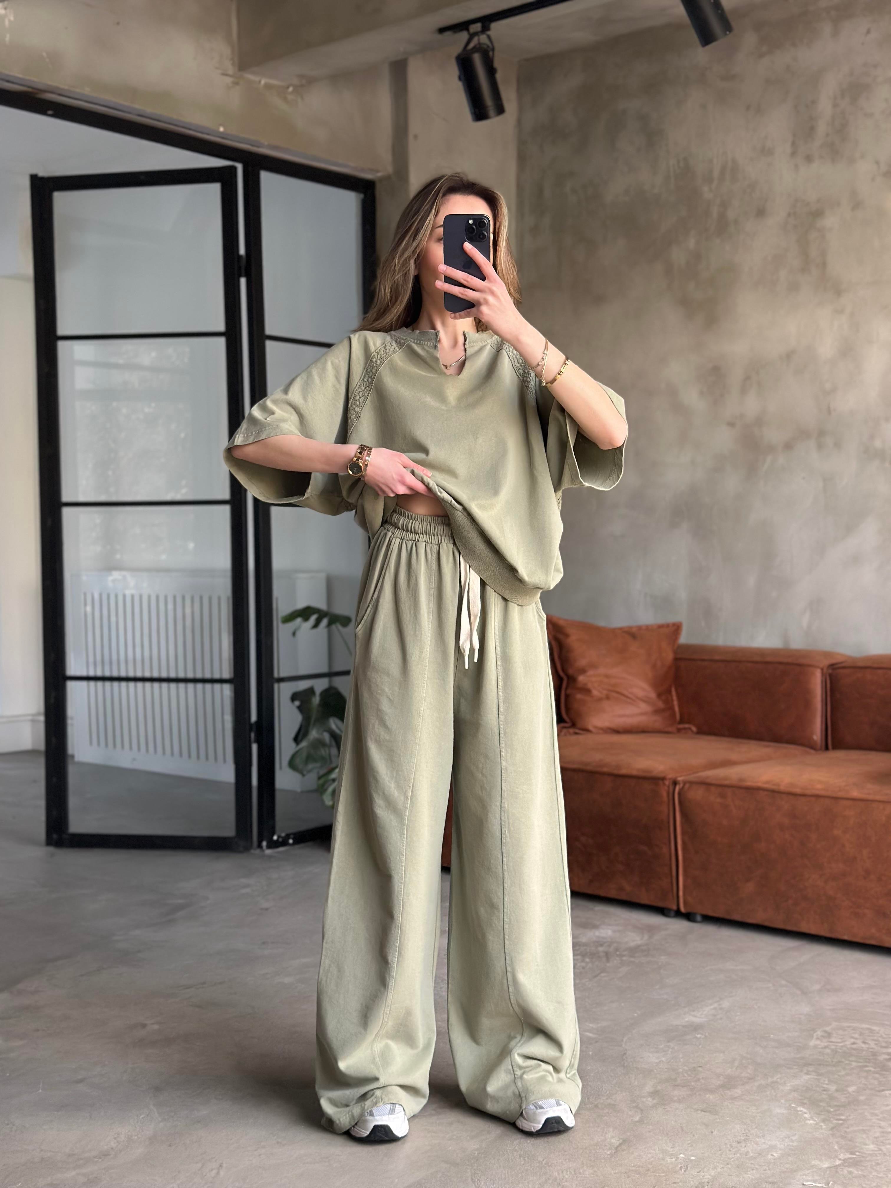 Dantel Detay Yıkamalı Oversize Takım - Yeşil - Dominatrend