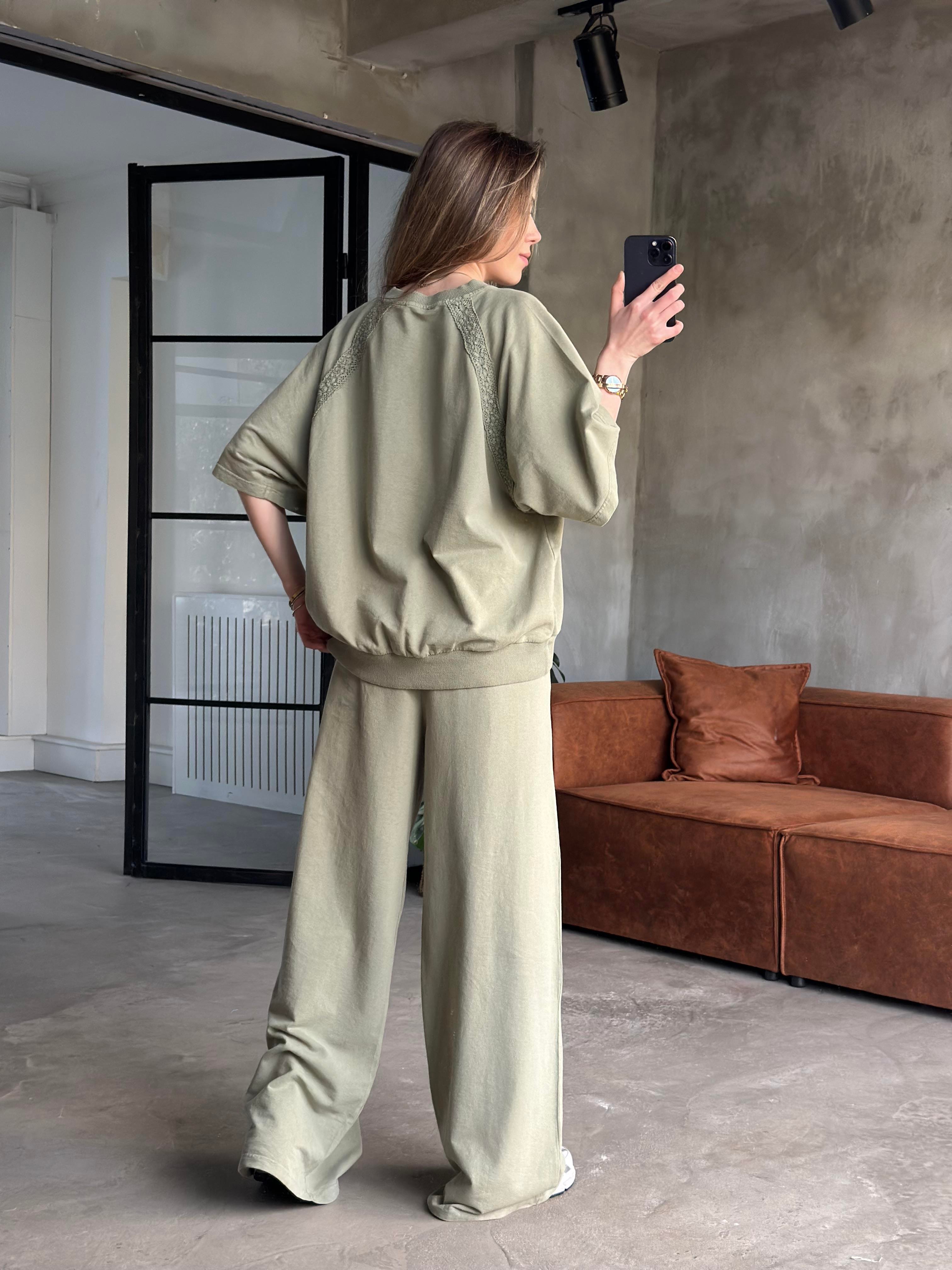 Dantel Detay Yıkamalı Oversize Takım - Yeşil - Dominatrend