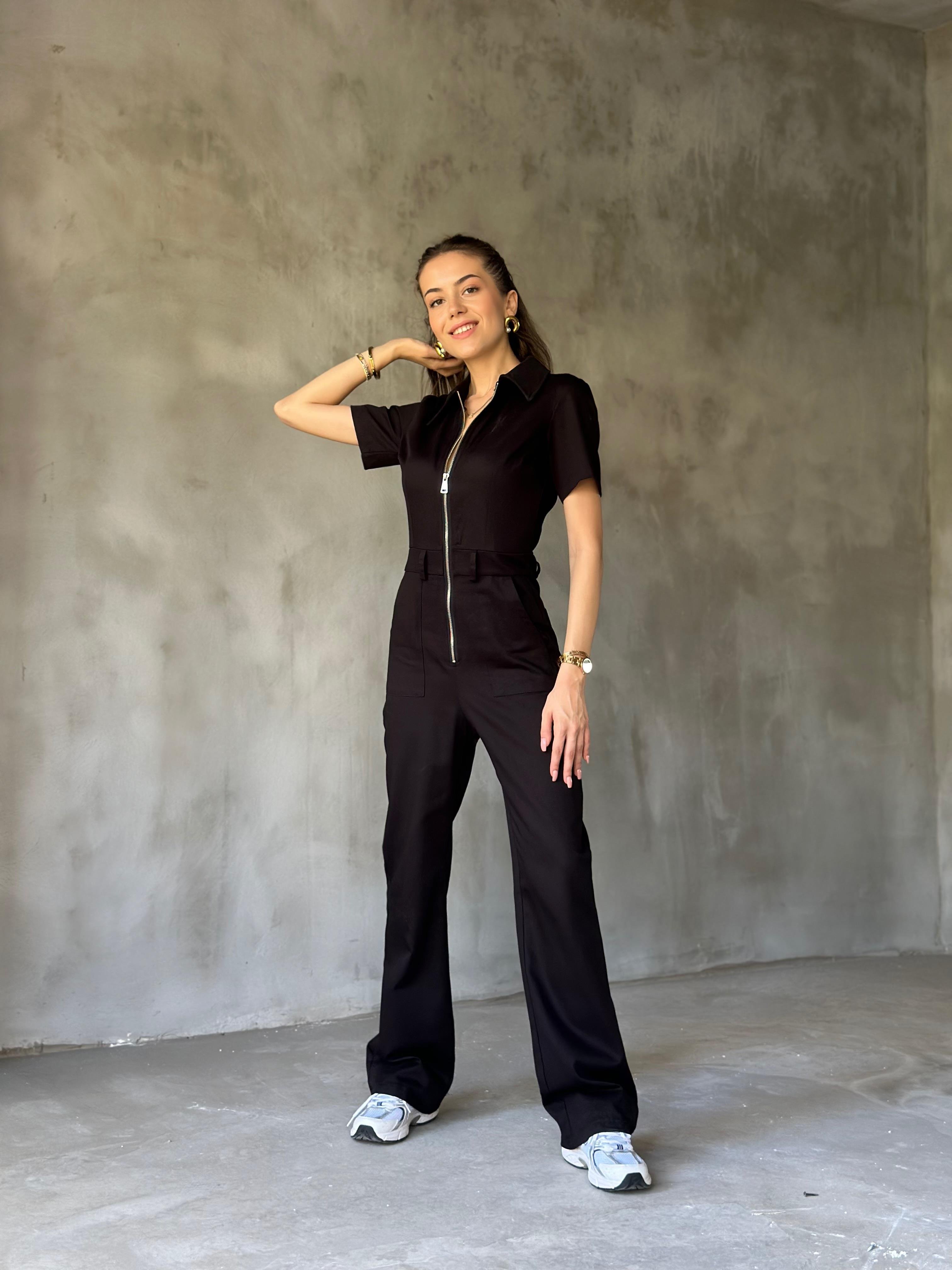 Denim Fermuar Detay Kısa Kollu Tulum - Siyah - Dominatrend