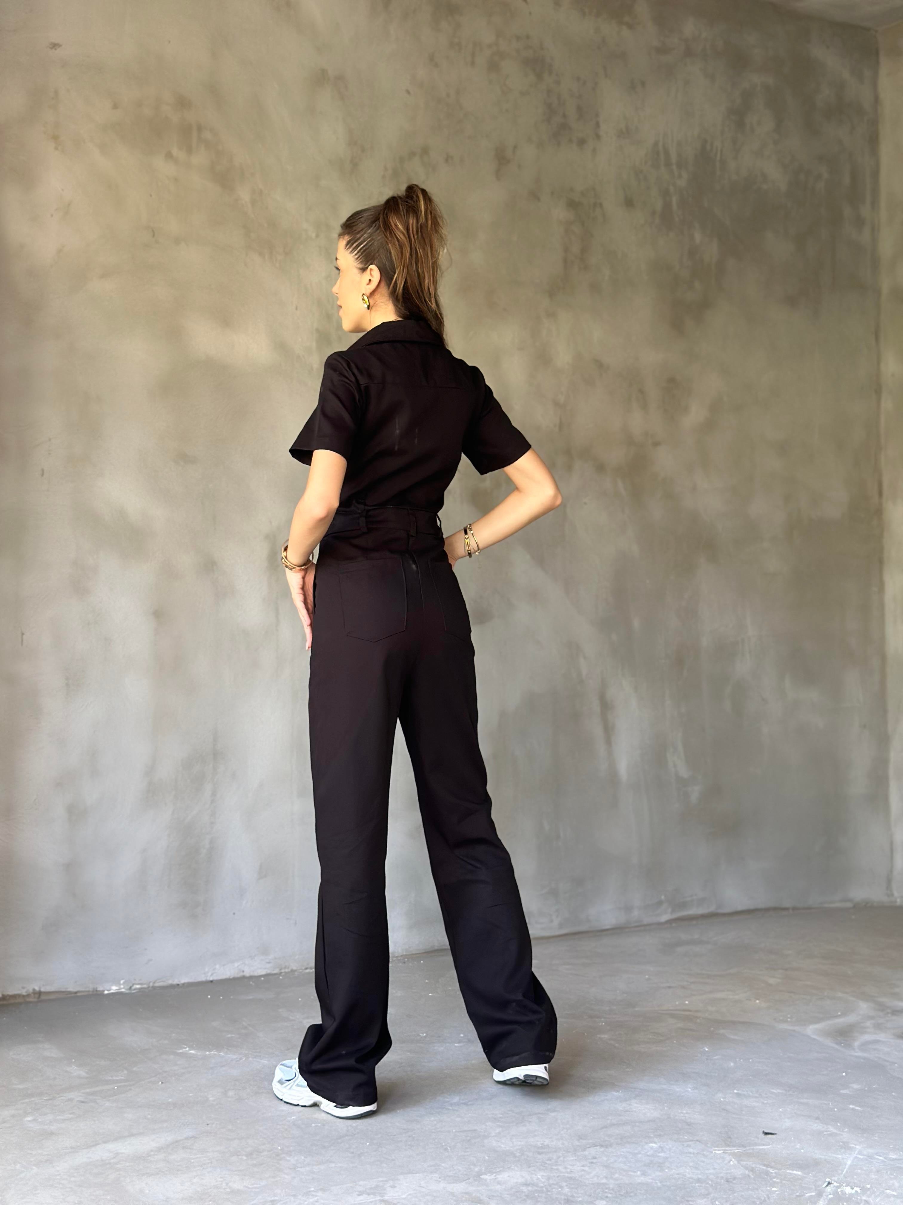 Denim Fermuar Detay Kısa Kollu Tulum - Siyah - Dominatrend