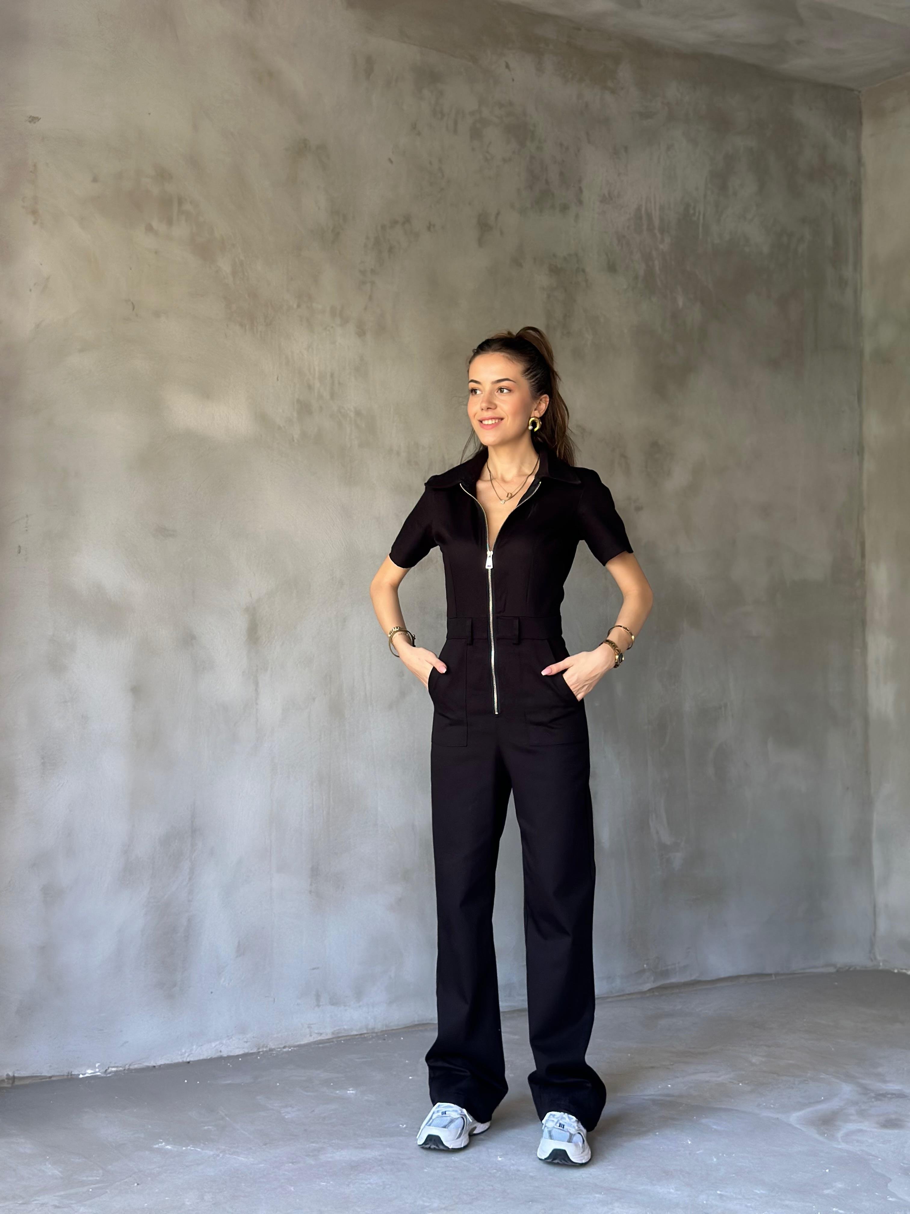 Denim Fermuar Detay Kısa Kollu Tulum - Siyah - Dominatrend