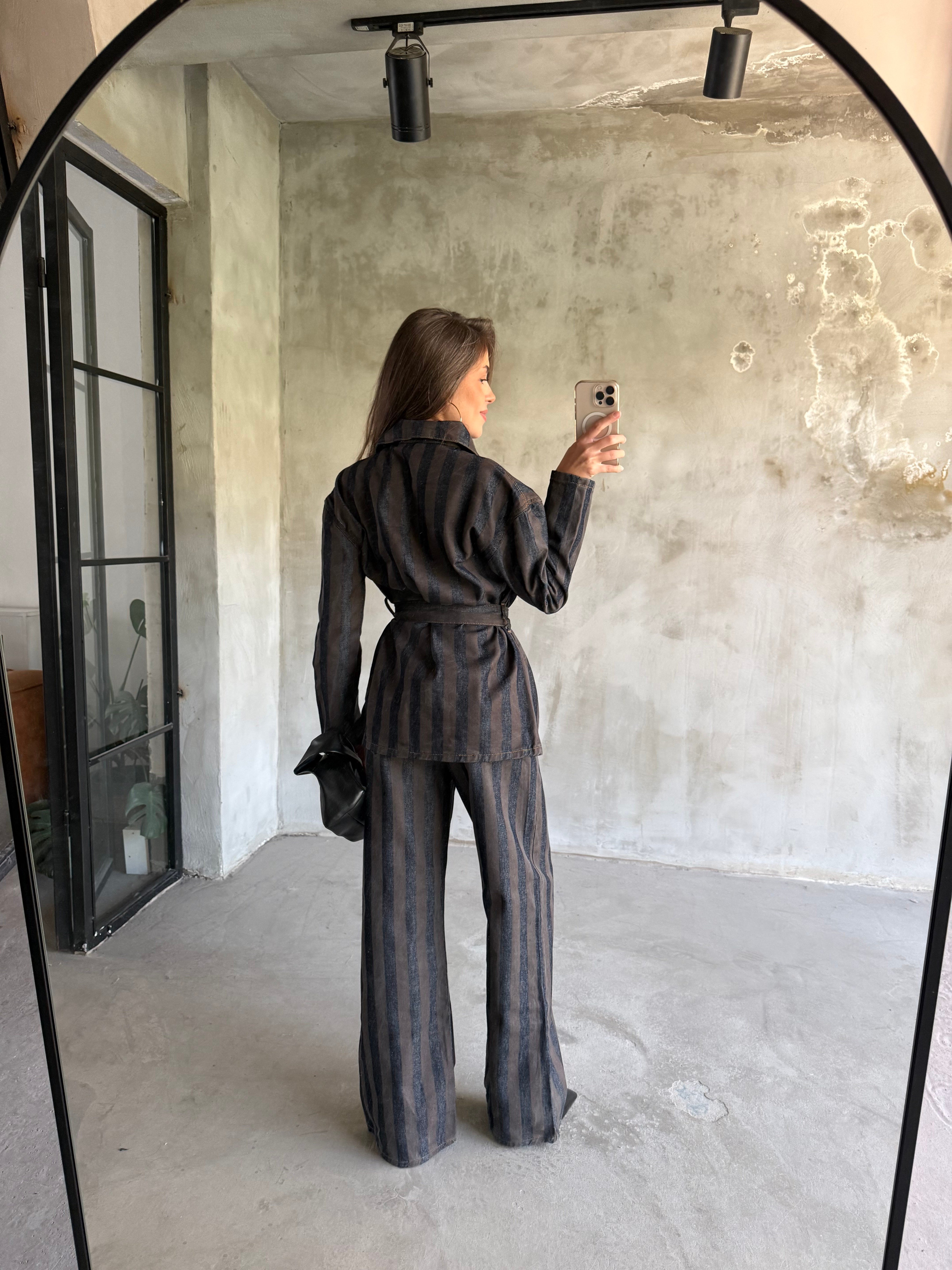 Denim Kahverengi Çizgili Takım  - Dominatrend