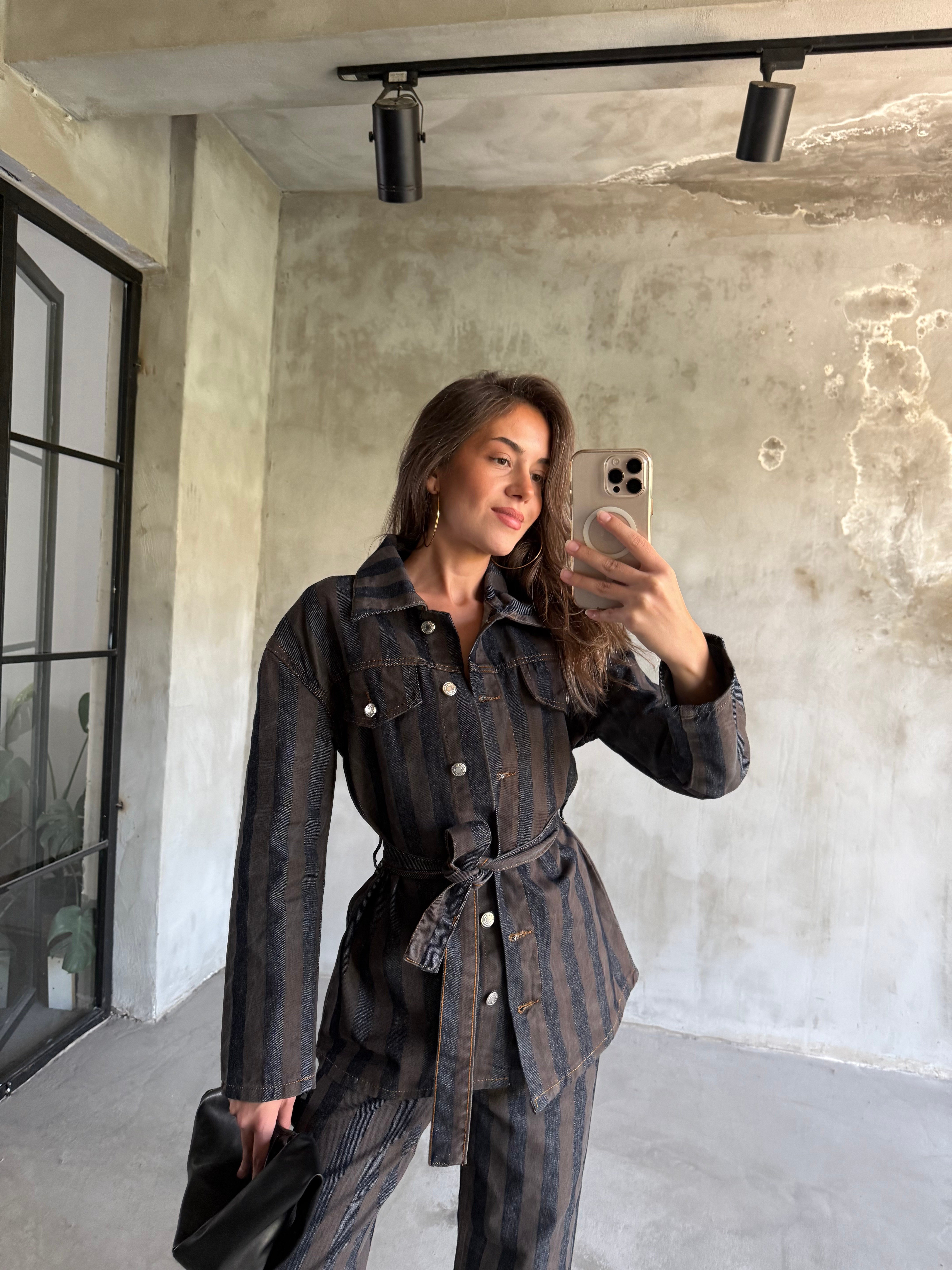 Denim Kahverengi Çizgili Takım  - Dominatrend