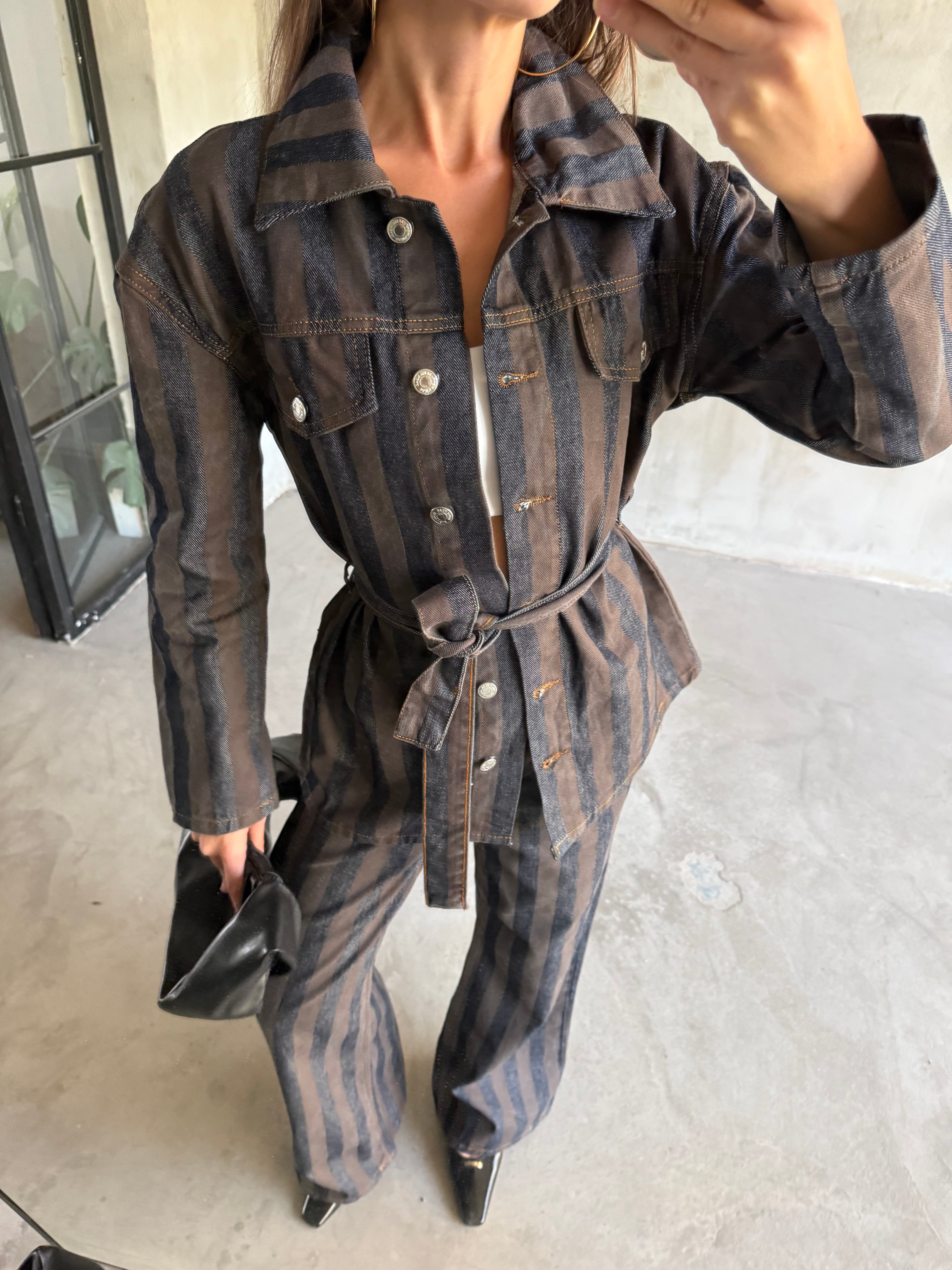 Denim Kahverengi Çizgili Takım  - Dominatrend
