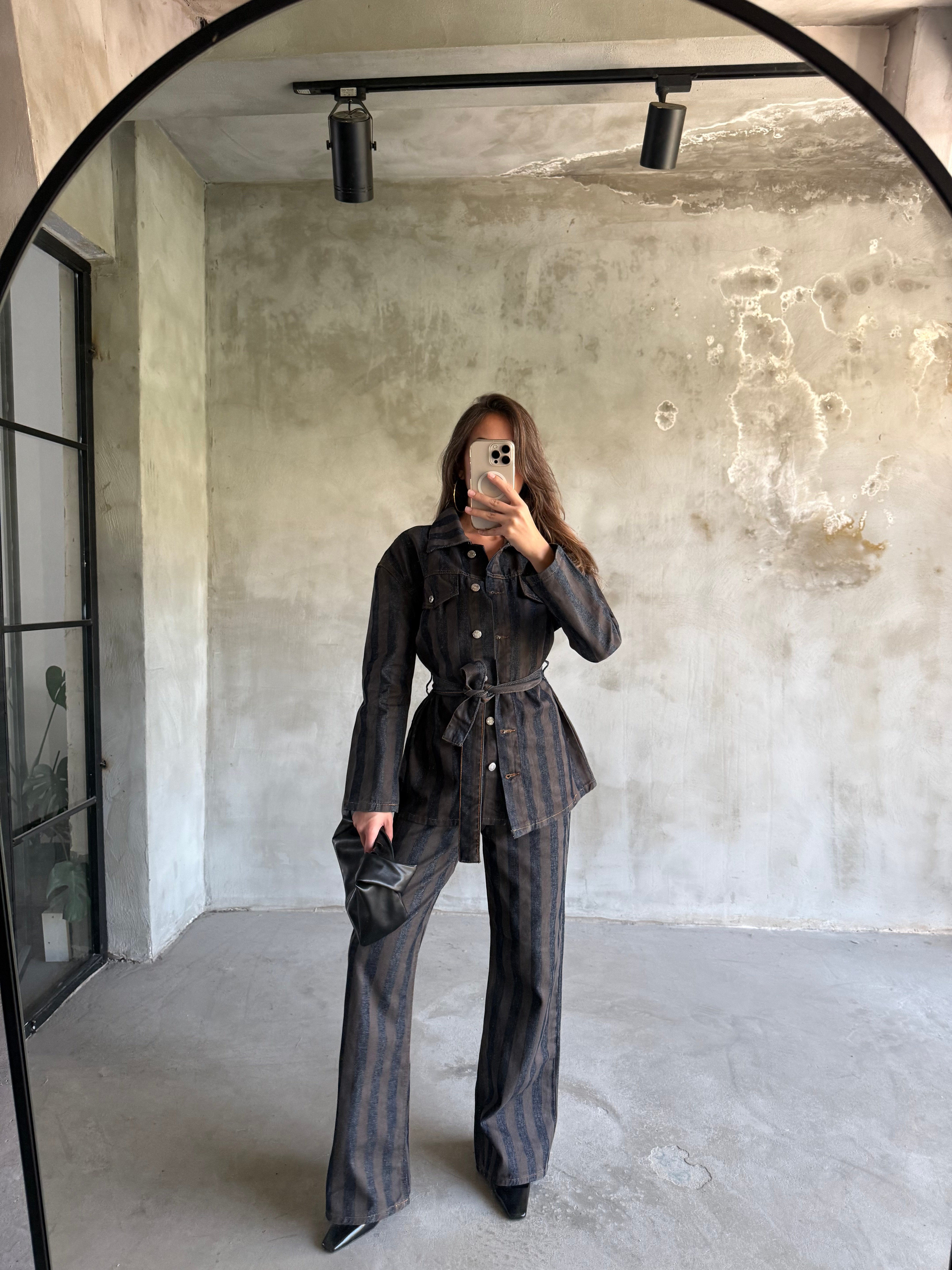 Denim Kahverengi Çizgili Takım  - Dominatrend