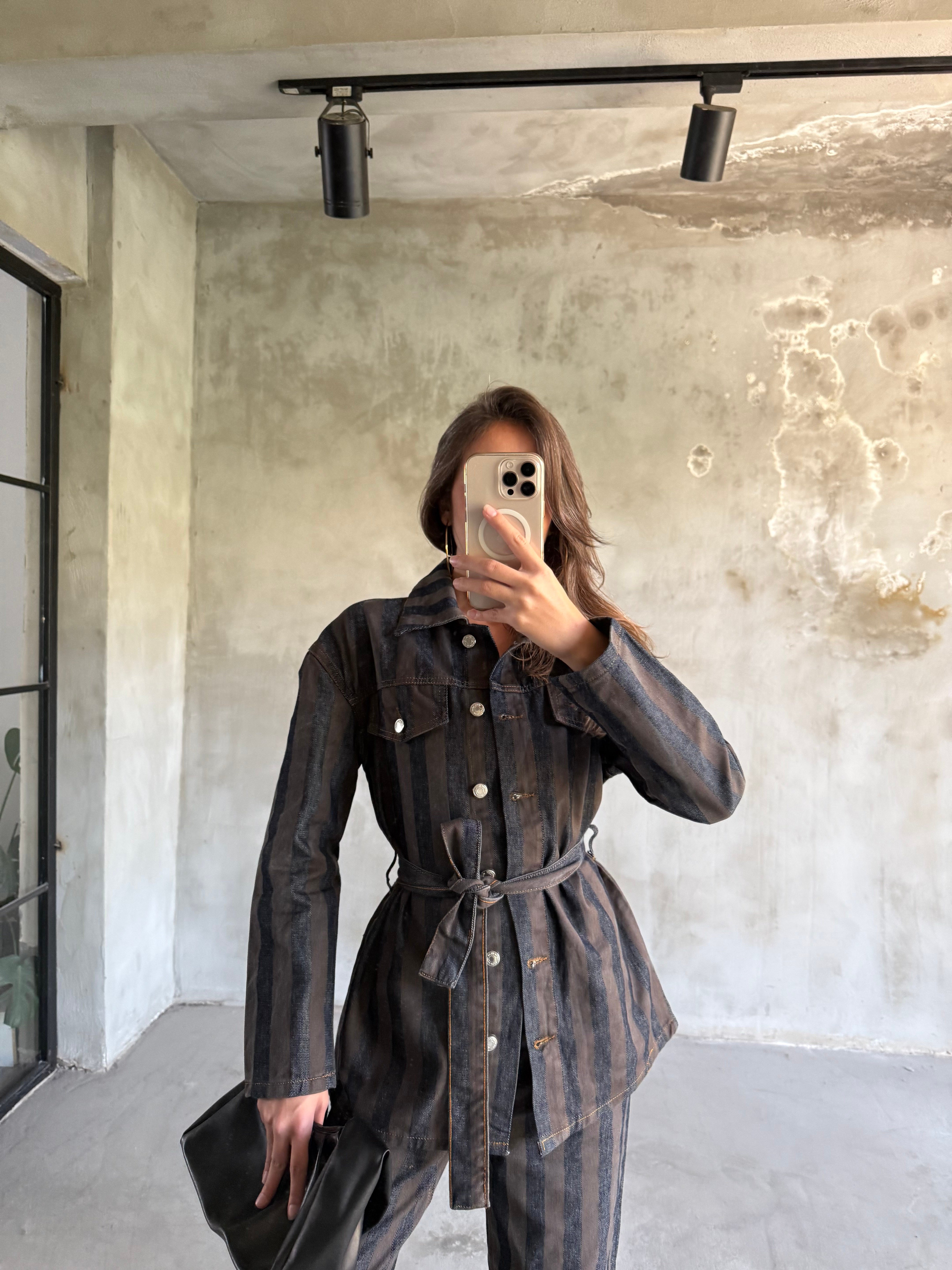 Denim Kahverengi Çizgili Takım  - Dominatrend