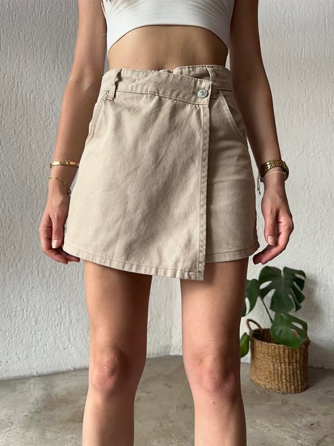 Denim Şort Etek - Bej - Dominatrend