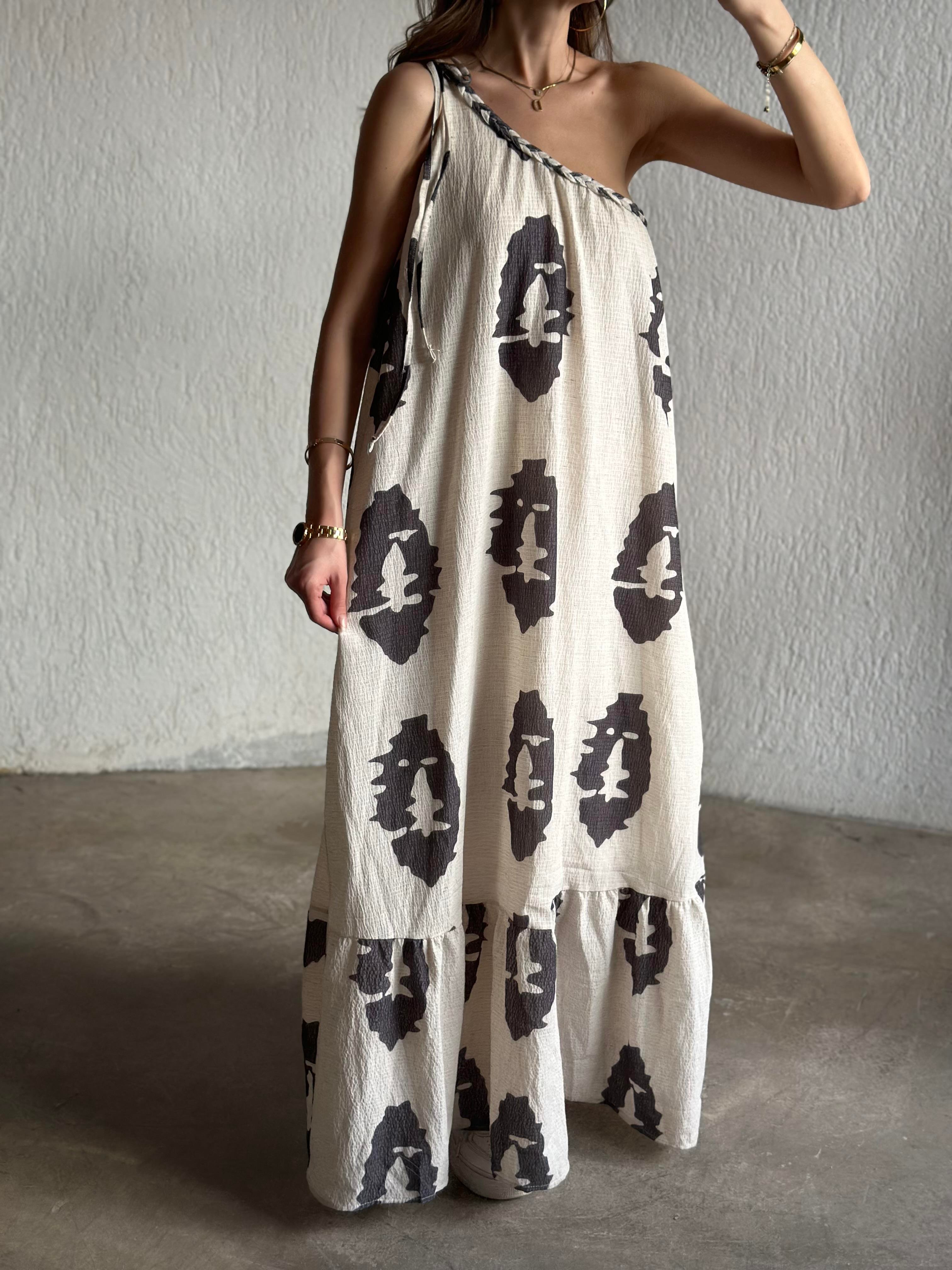 Desenli Maxi Gofre Elbise - Dominatrend