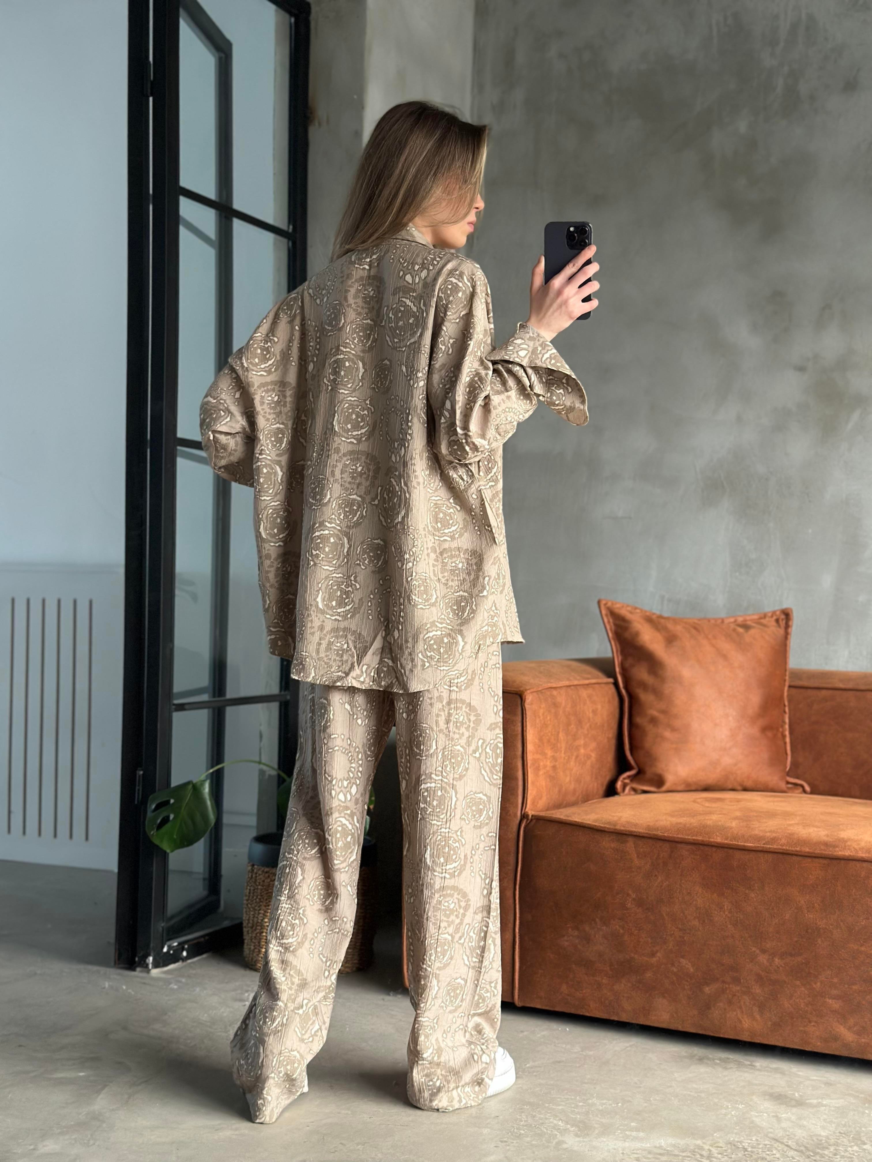 Desenli Tencel Oversize Gömlekli Takım - Krem - Dominatrend