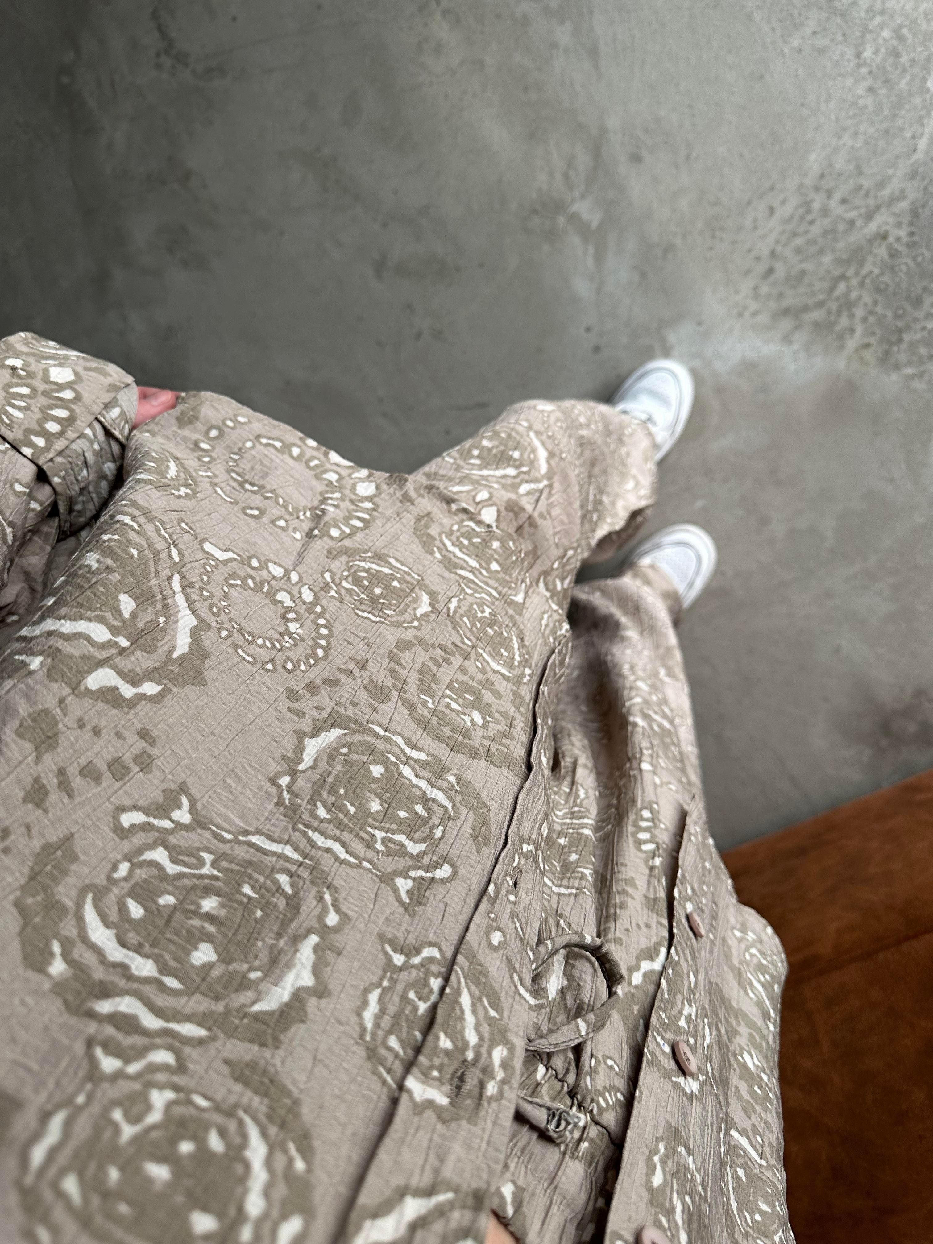 Desenli Tencel Oversize Gömlekli Takım - Krem - Dominatrend