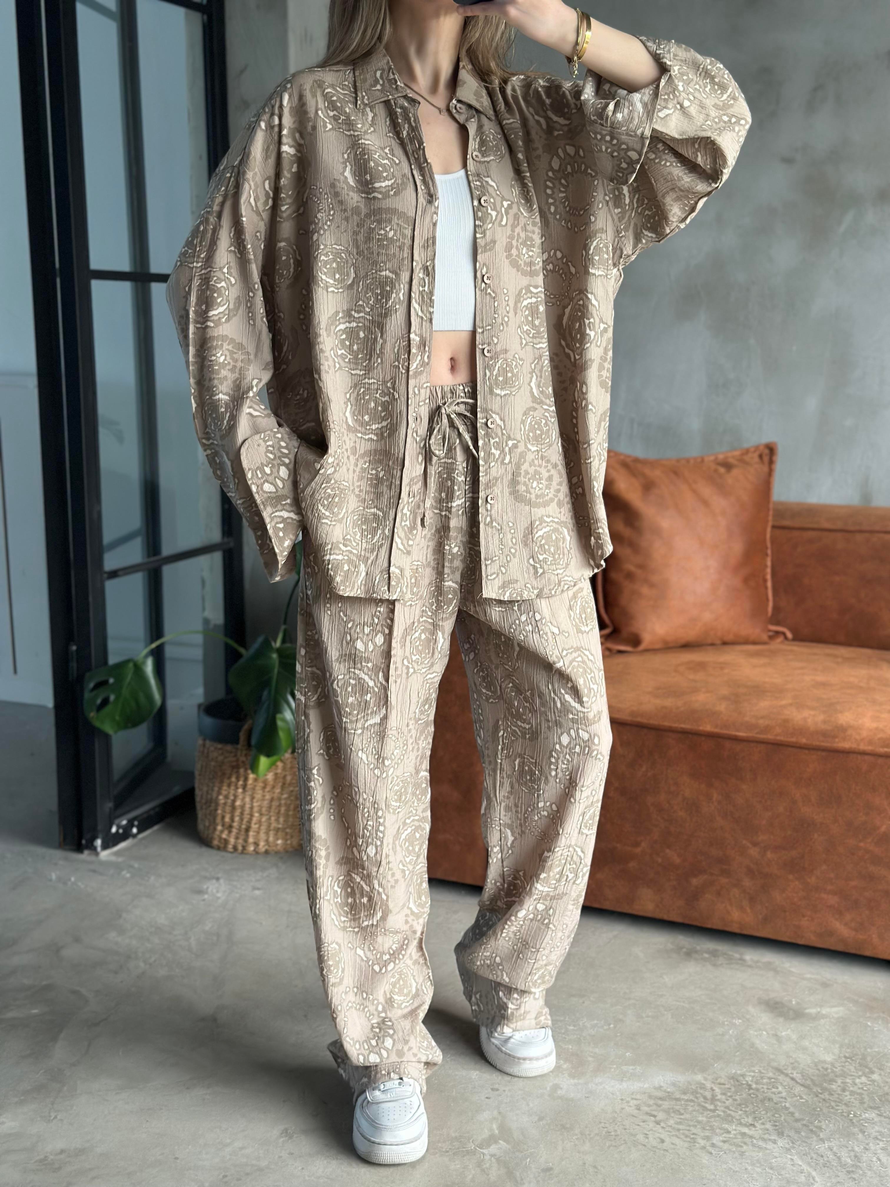 Desenli Tencel Oversize Gömlekli Takım - Krem - Dominatrend