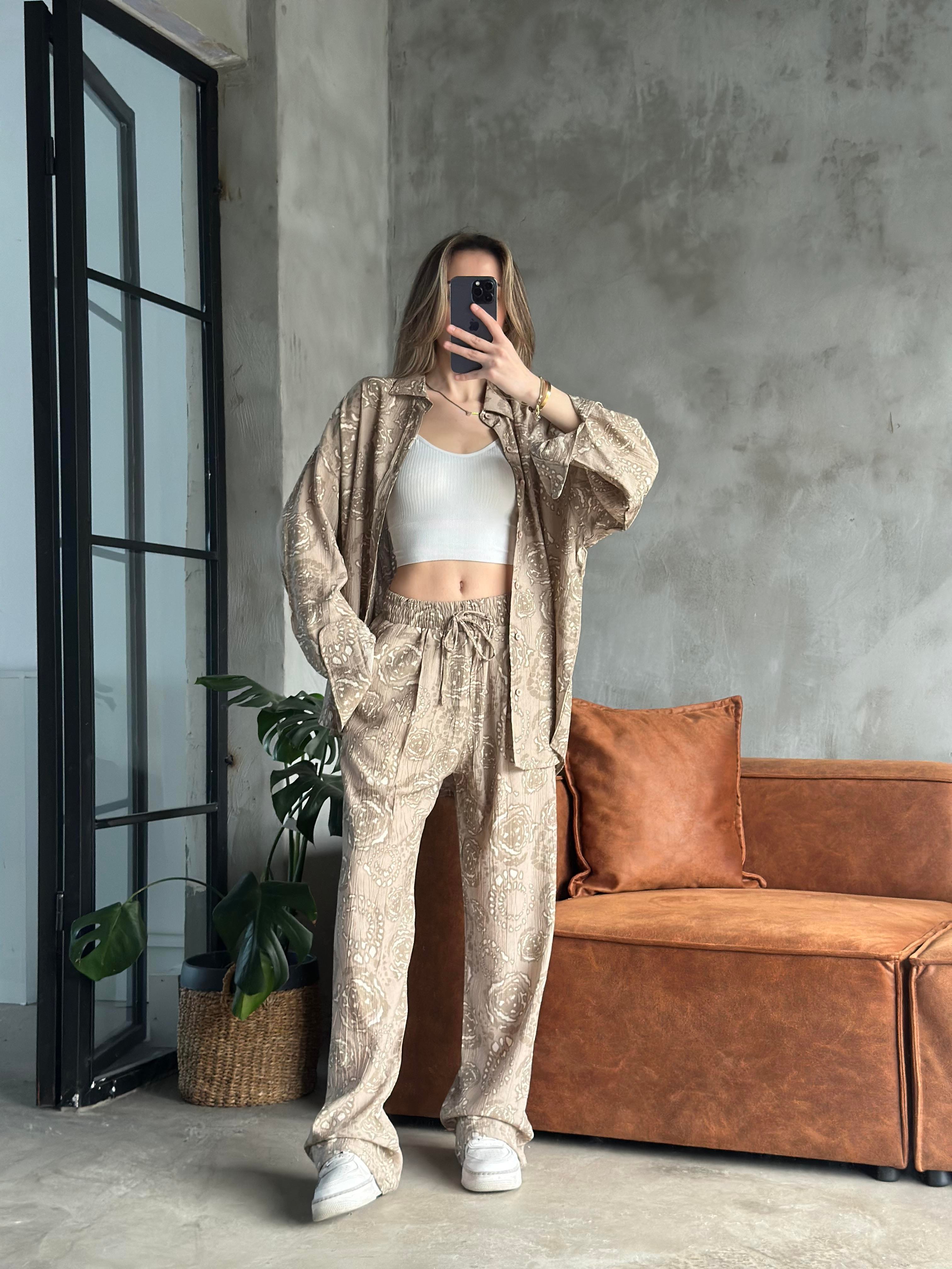 Desenli Tencel Oversize Gömlekli Takım - Krem - Dominatrend