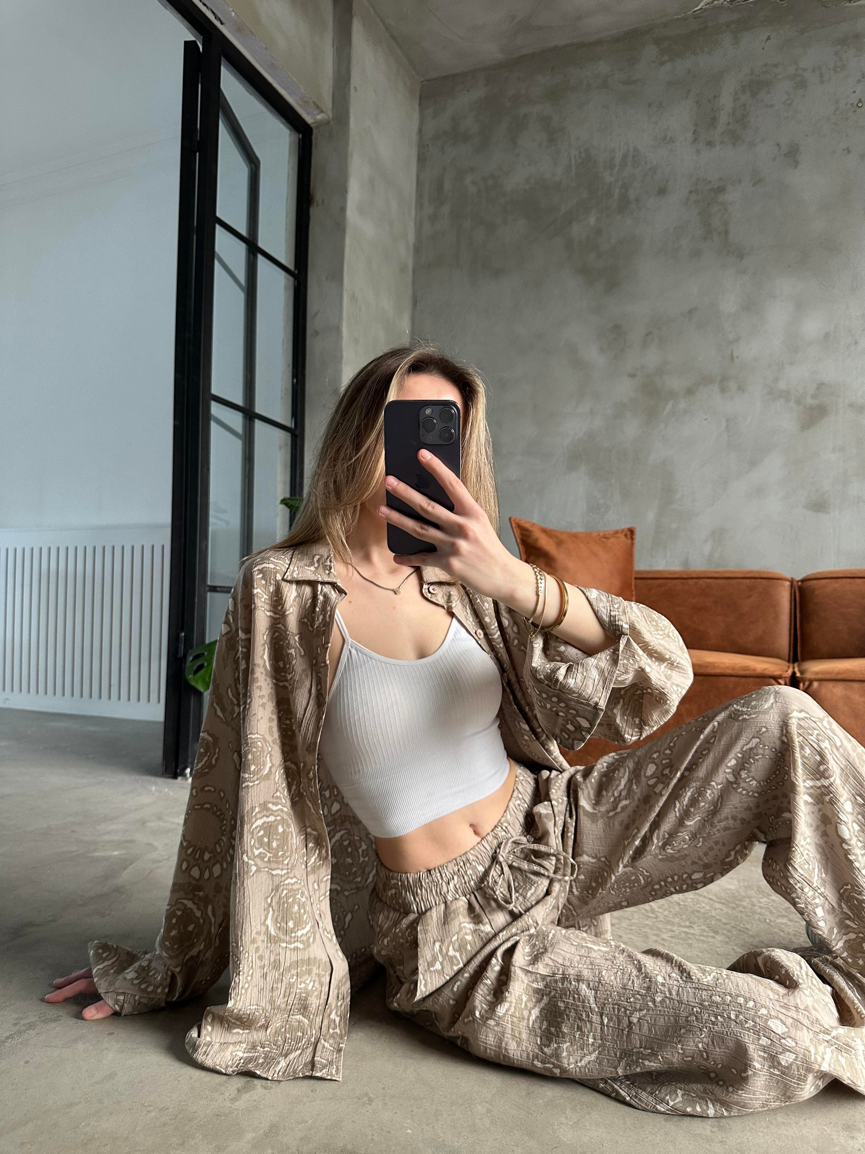 Desenli Tencel Oversize Gömlekli Takım - Krem - Dominatrend