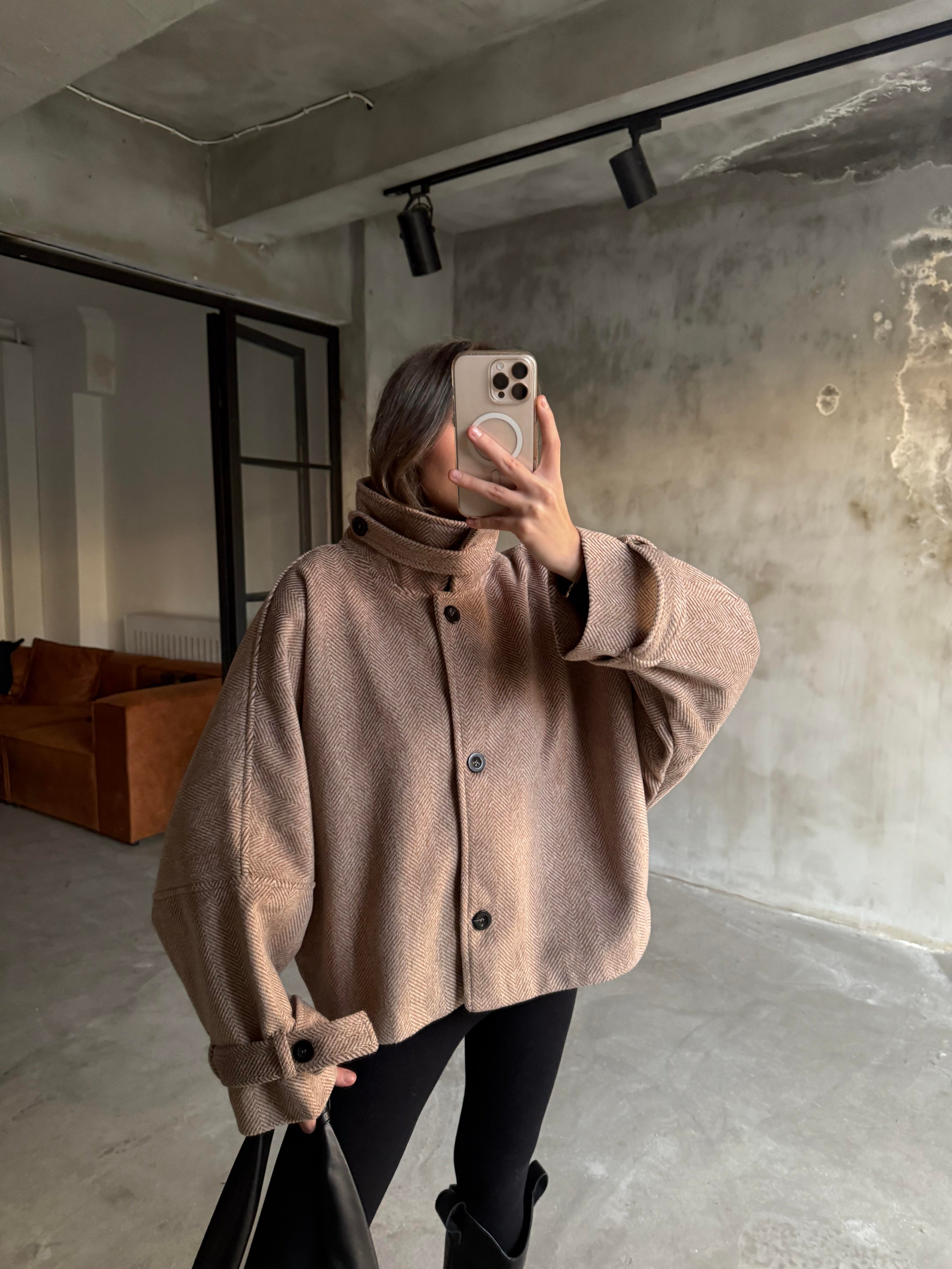 Dik Yaka Kılçık Desenli Kaşe Mont Kiremit - Dominatrend