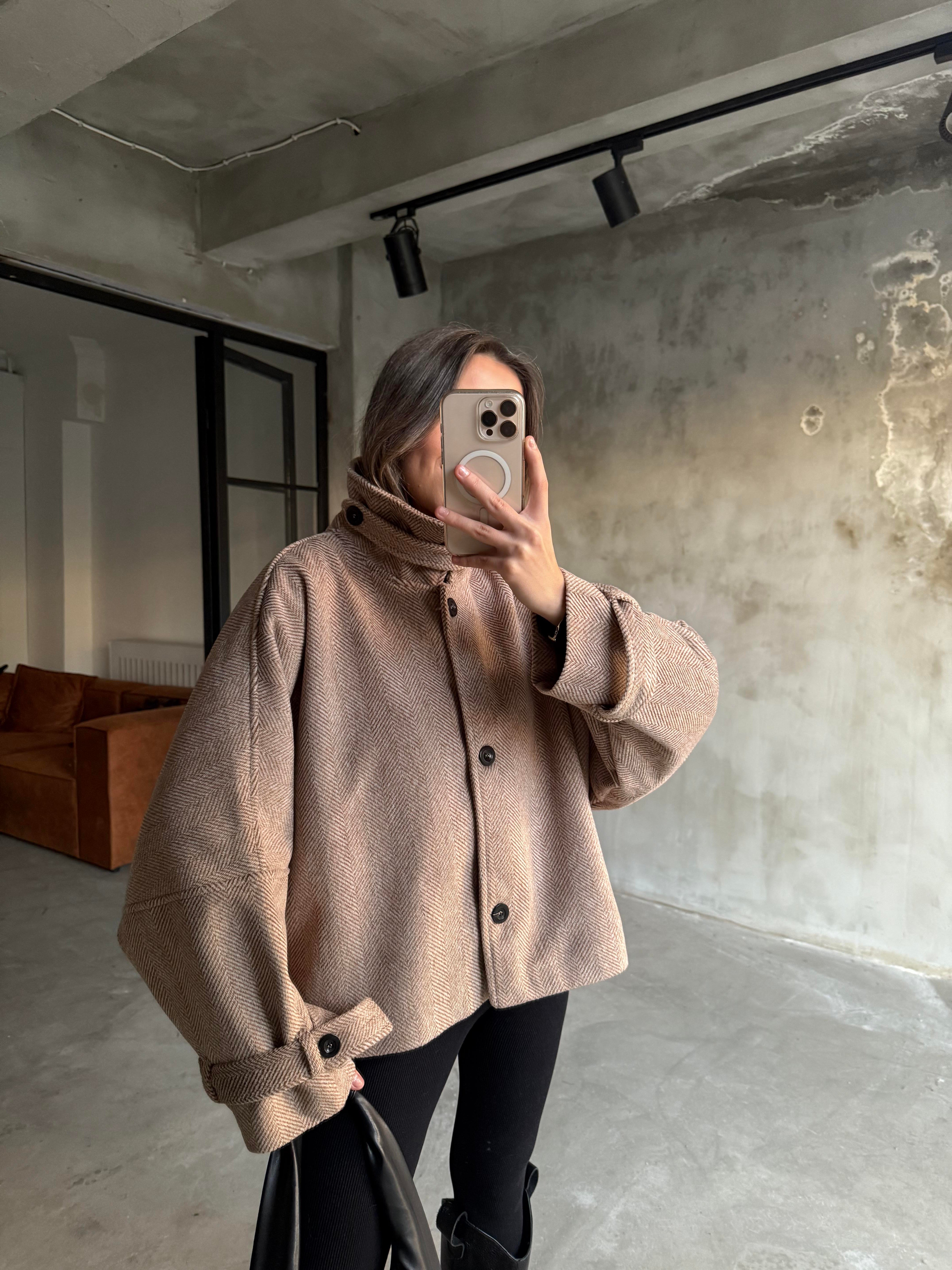 Dik Yaka Kılçık Desenli Kaşe Mont Kiremit - Dominatrend