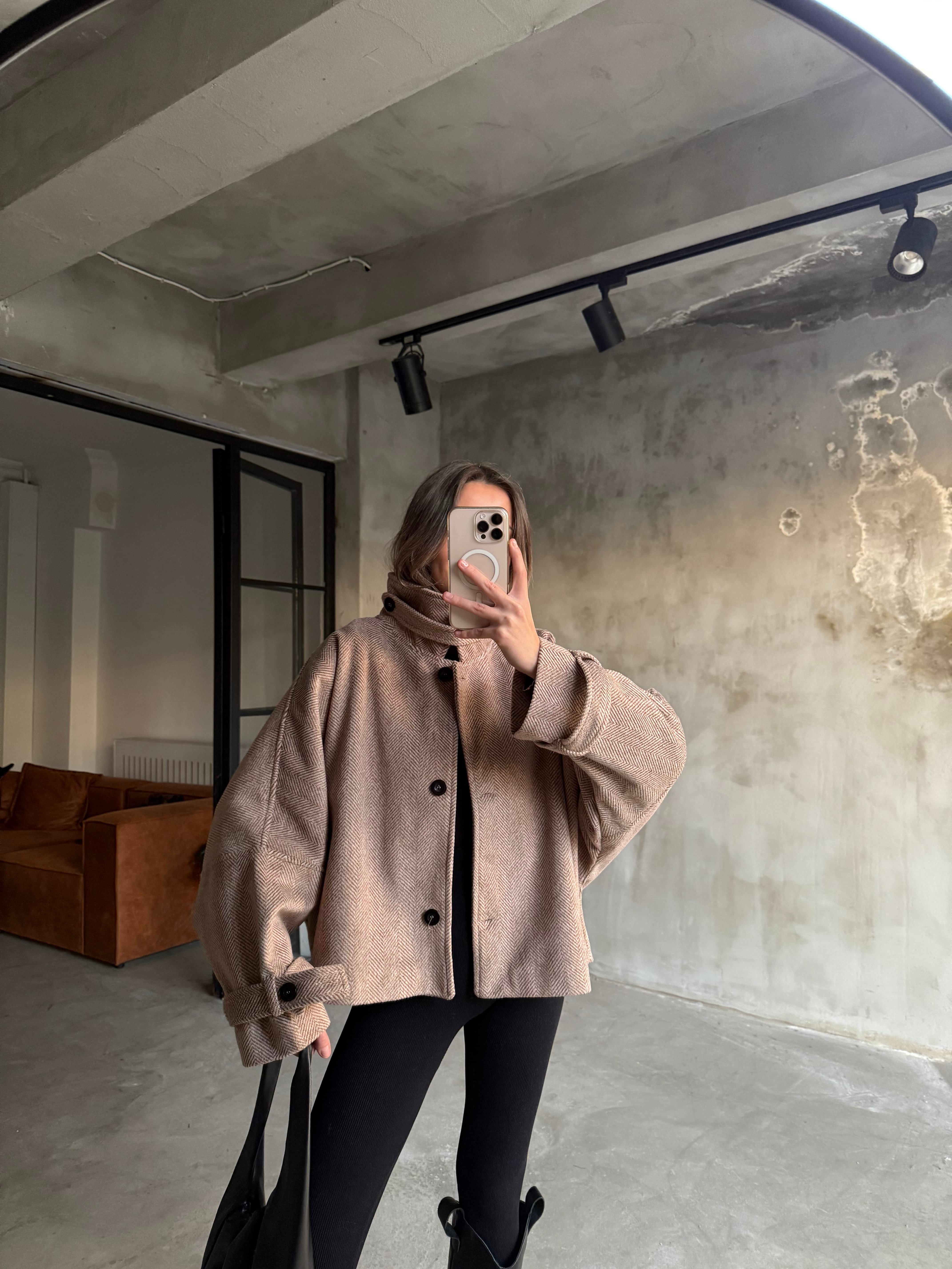 Dik Yaka Kılçık Desenli Kaşe Mont Kiremit - Dominatrend