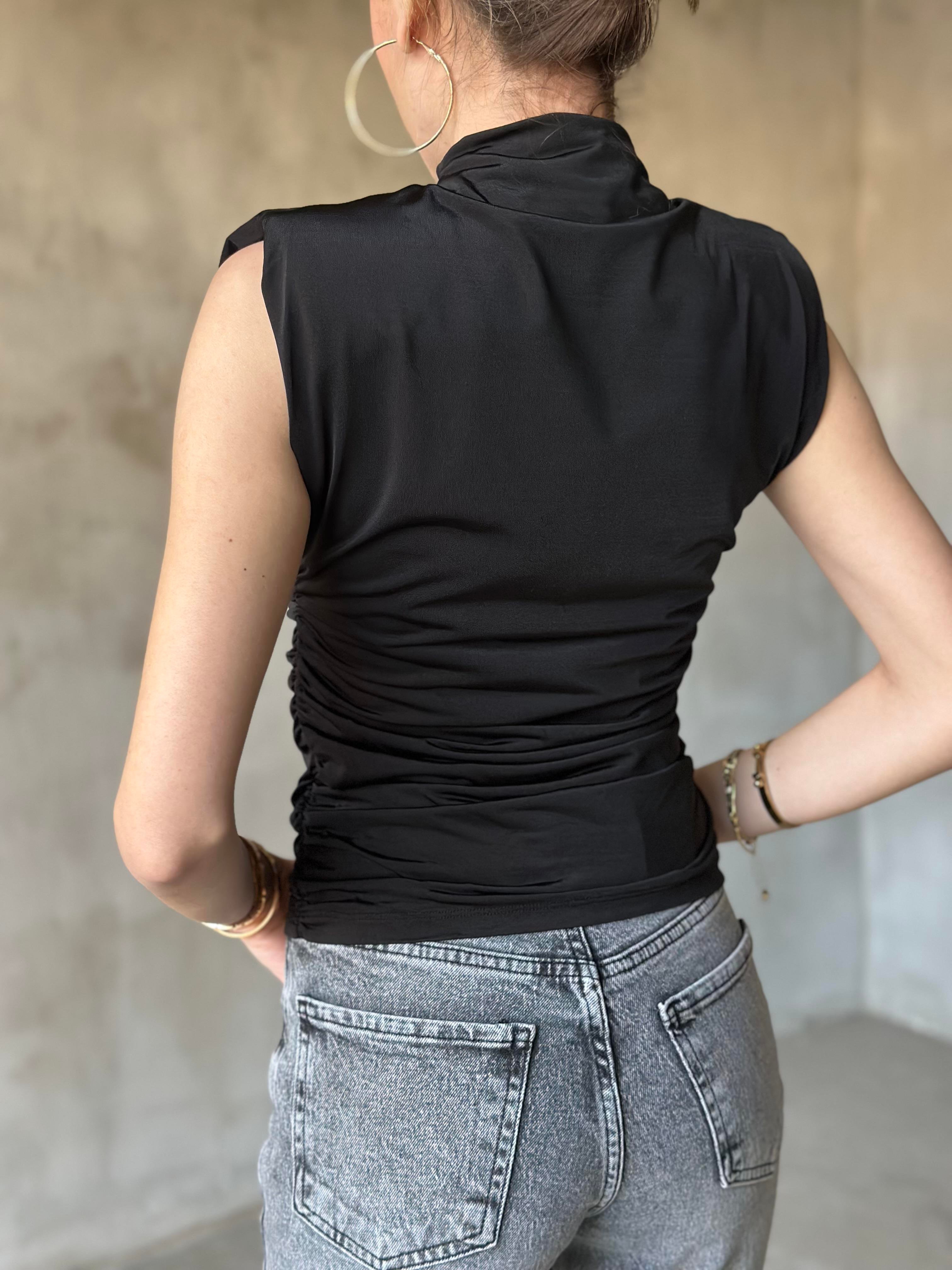 Dik Yaka Vatkalı Sıfır Kol Drape Detaylı Bluz - Siyah - Dominatrend
