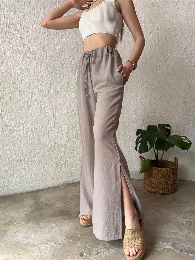 Dmn Collection Aerobin Yırtmaçlı Pantolon - Taş - Dominatrend