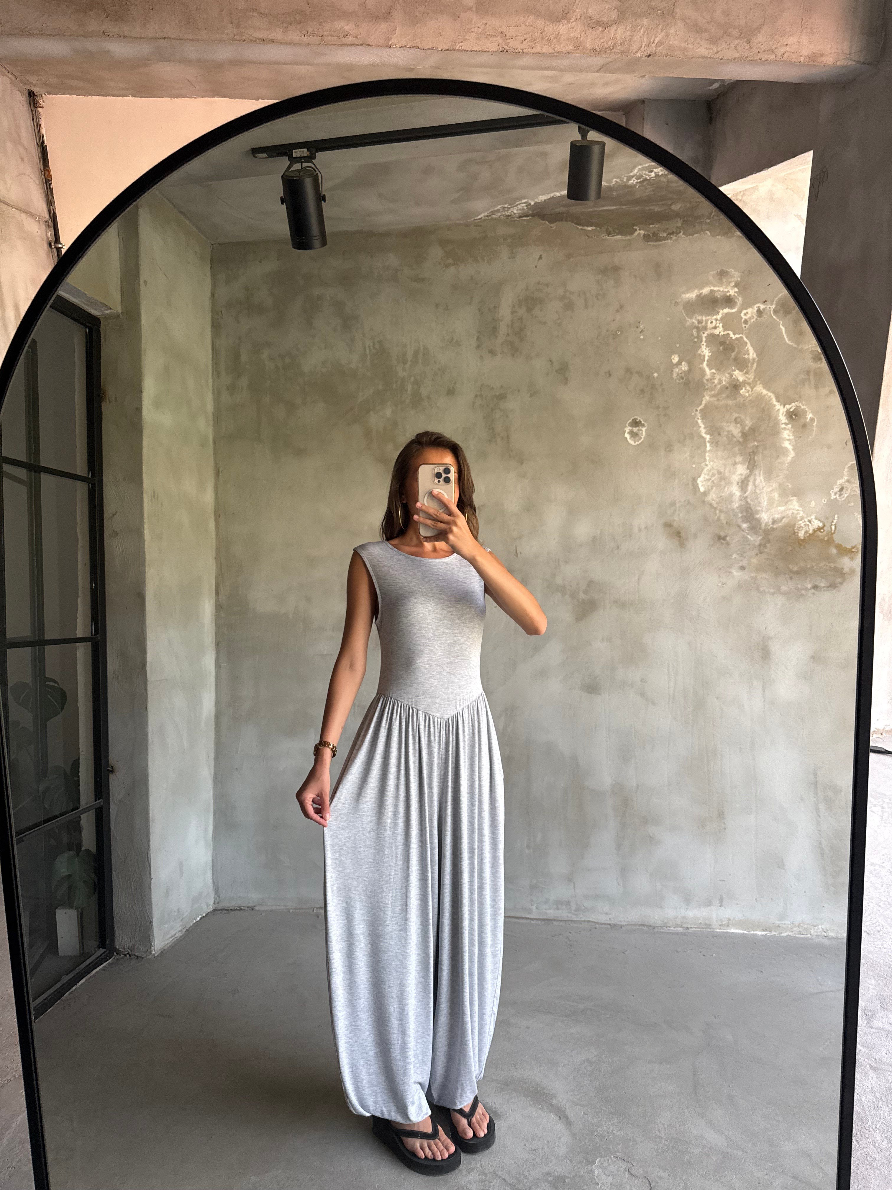 Dökümlü Şalvar Tulum - Gri - Dominatrend