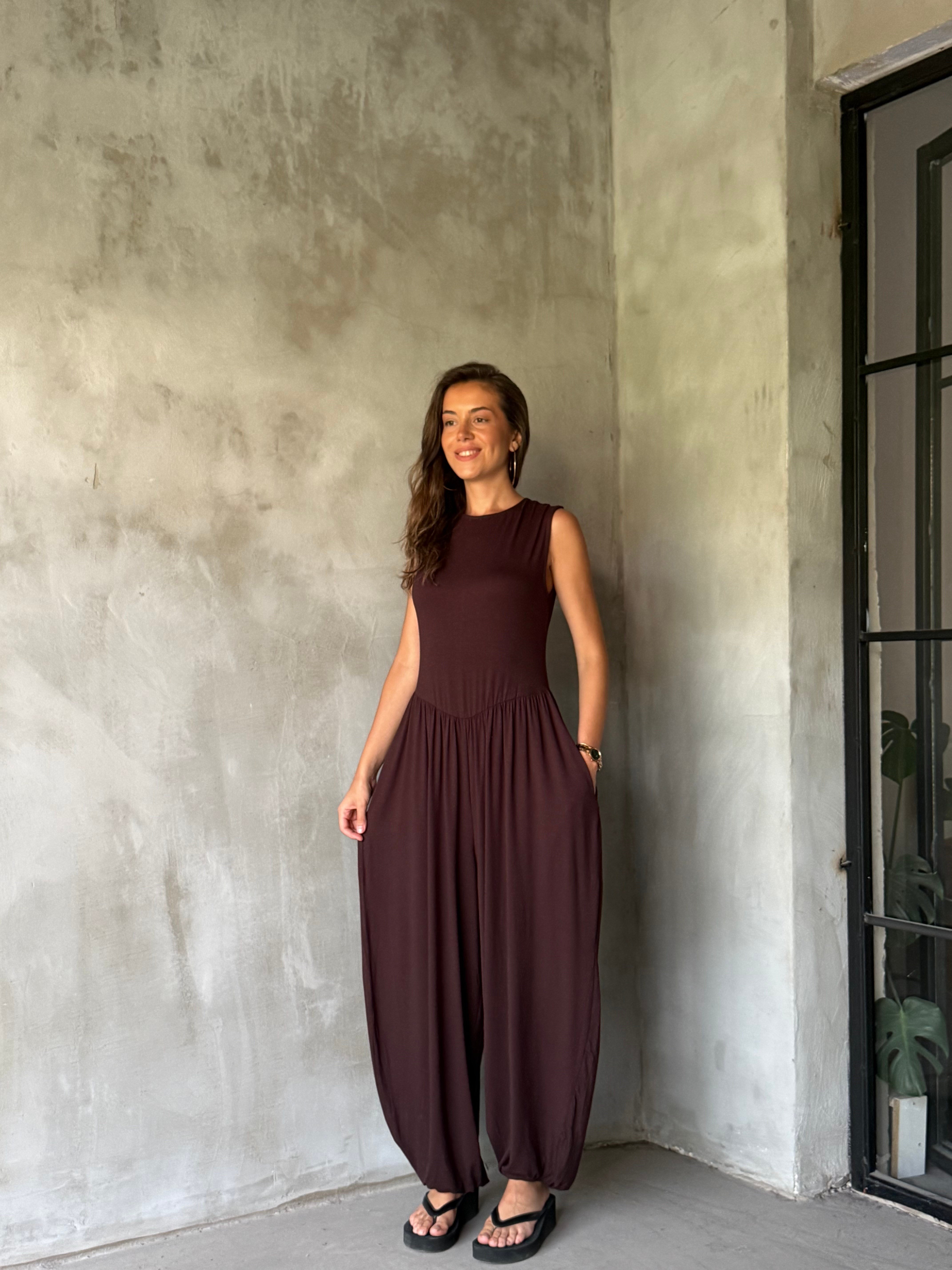 Dökümlü Şalvar Tulum - Kahverengi - Dominatrend