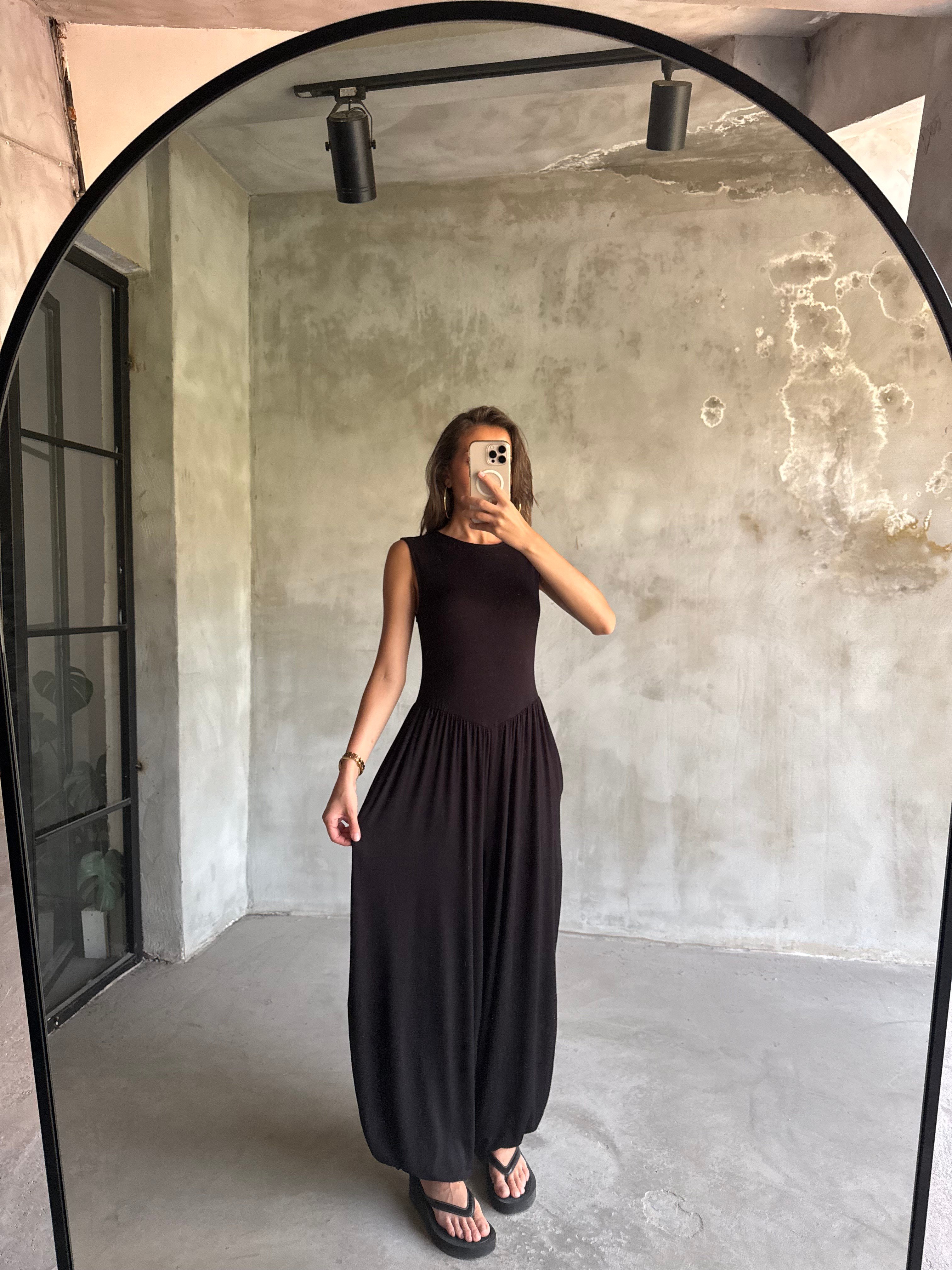 Dökümlü Şalvar Tulum - Siyah - Dominatrend