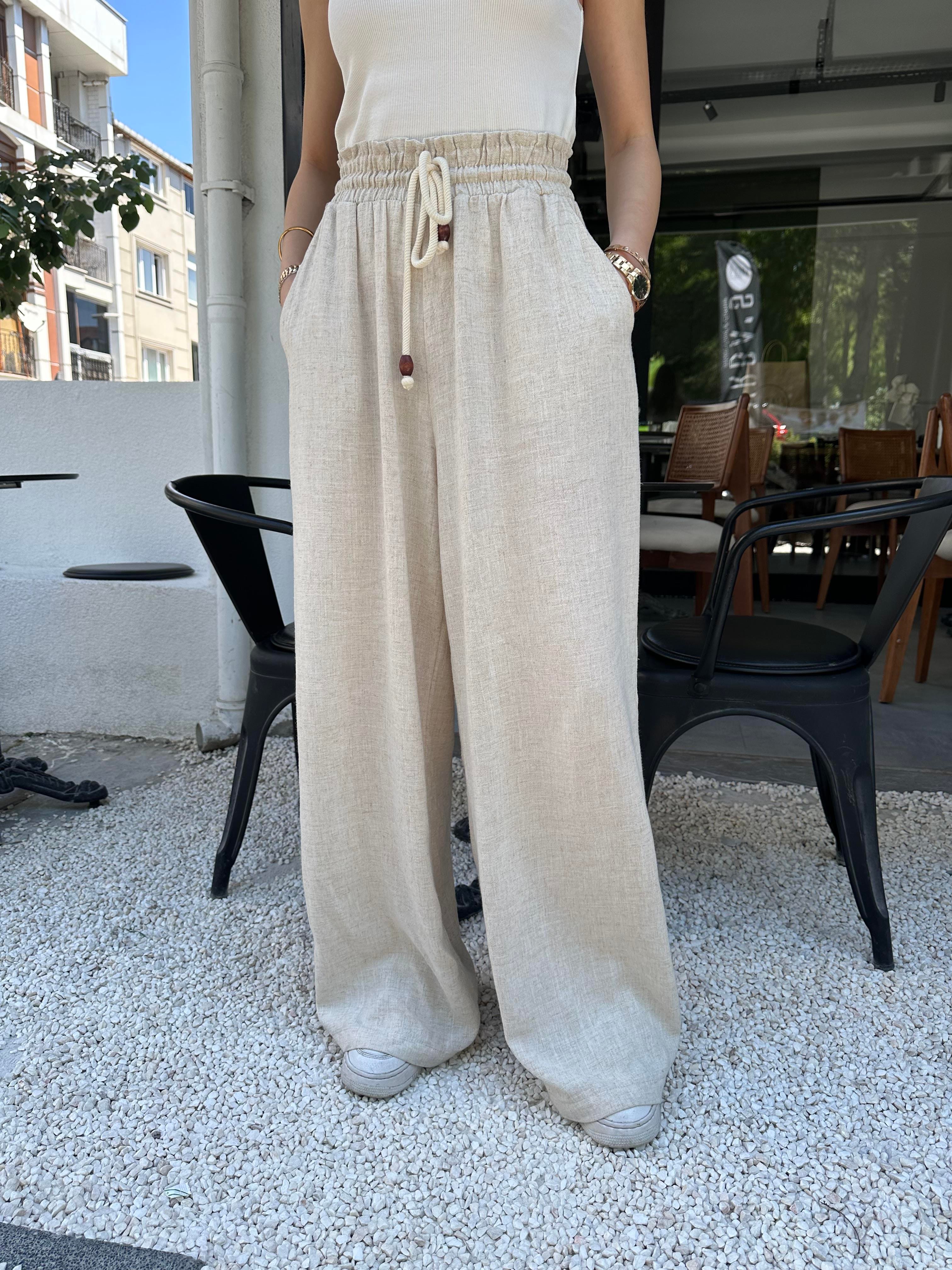 Dökümlü Ultra Salaş Keten Pantolon - Dominatrend