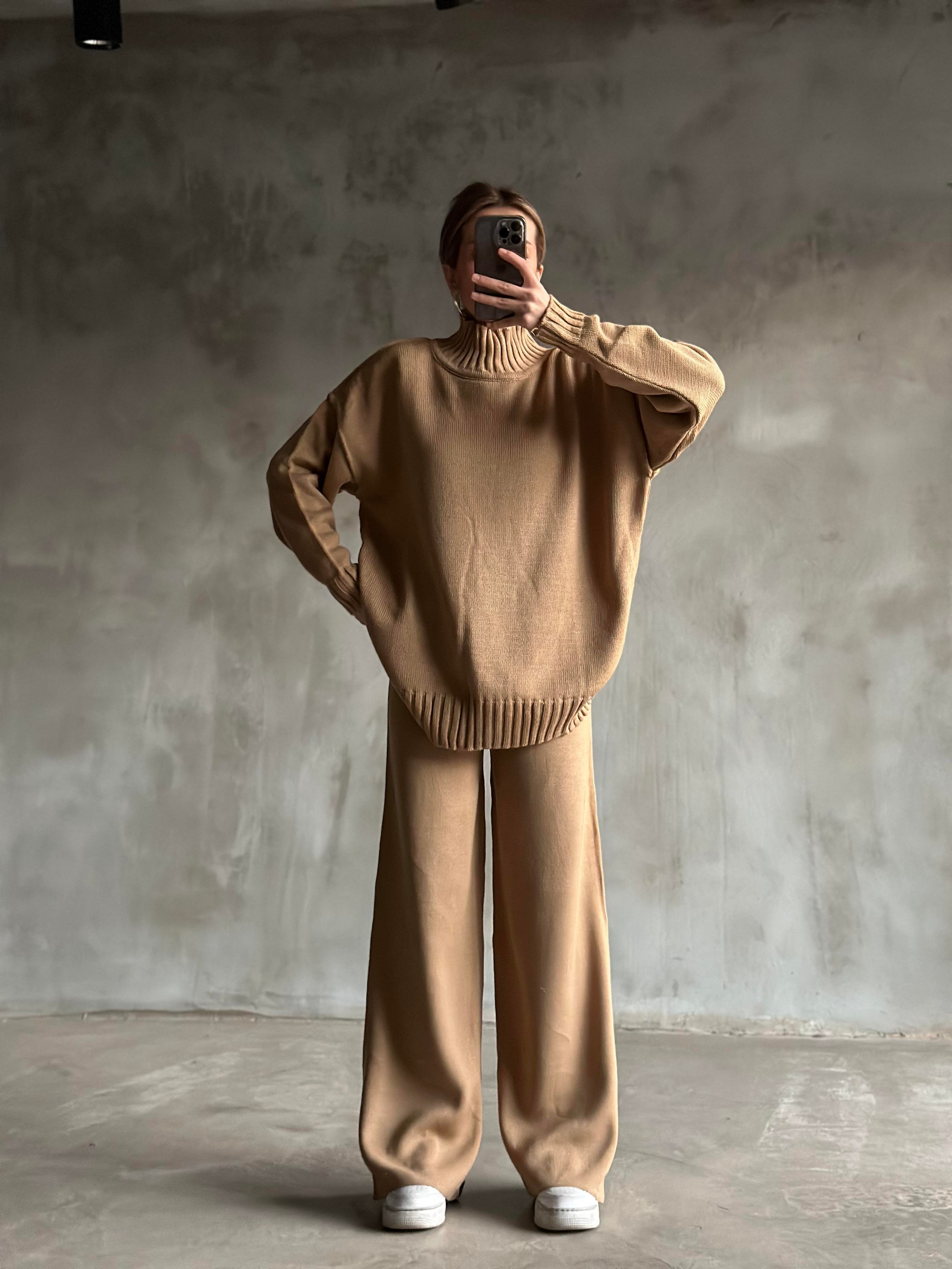 Domi Düz Basic Triko Takım - Camel - Dominatrend