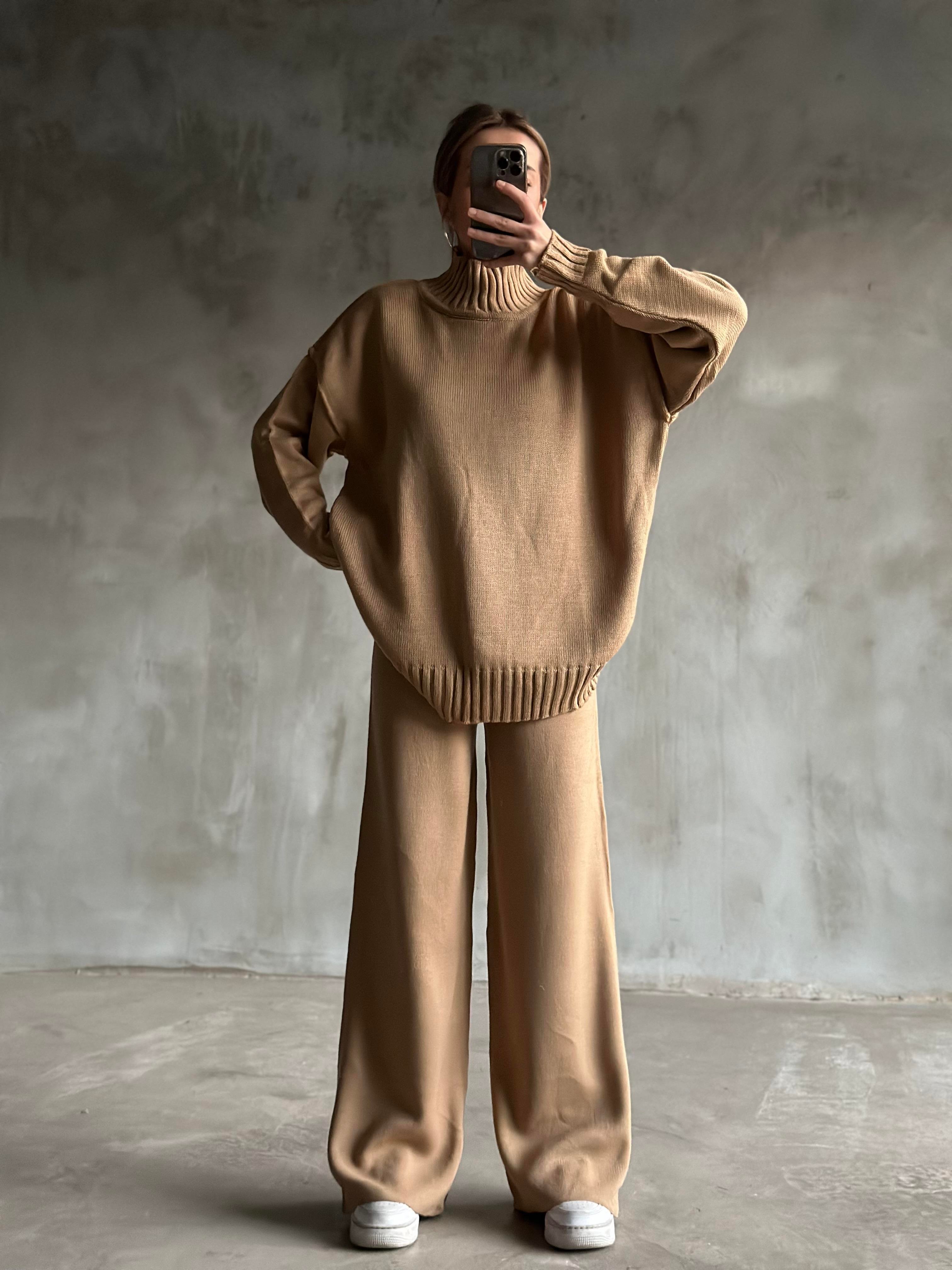 Domi Düz Basic Triko Takım - Camel - Dominatrend