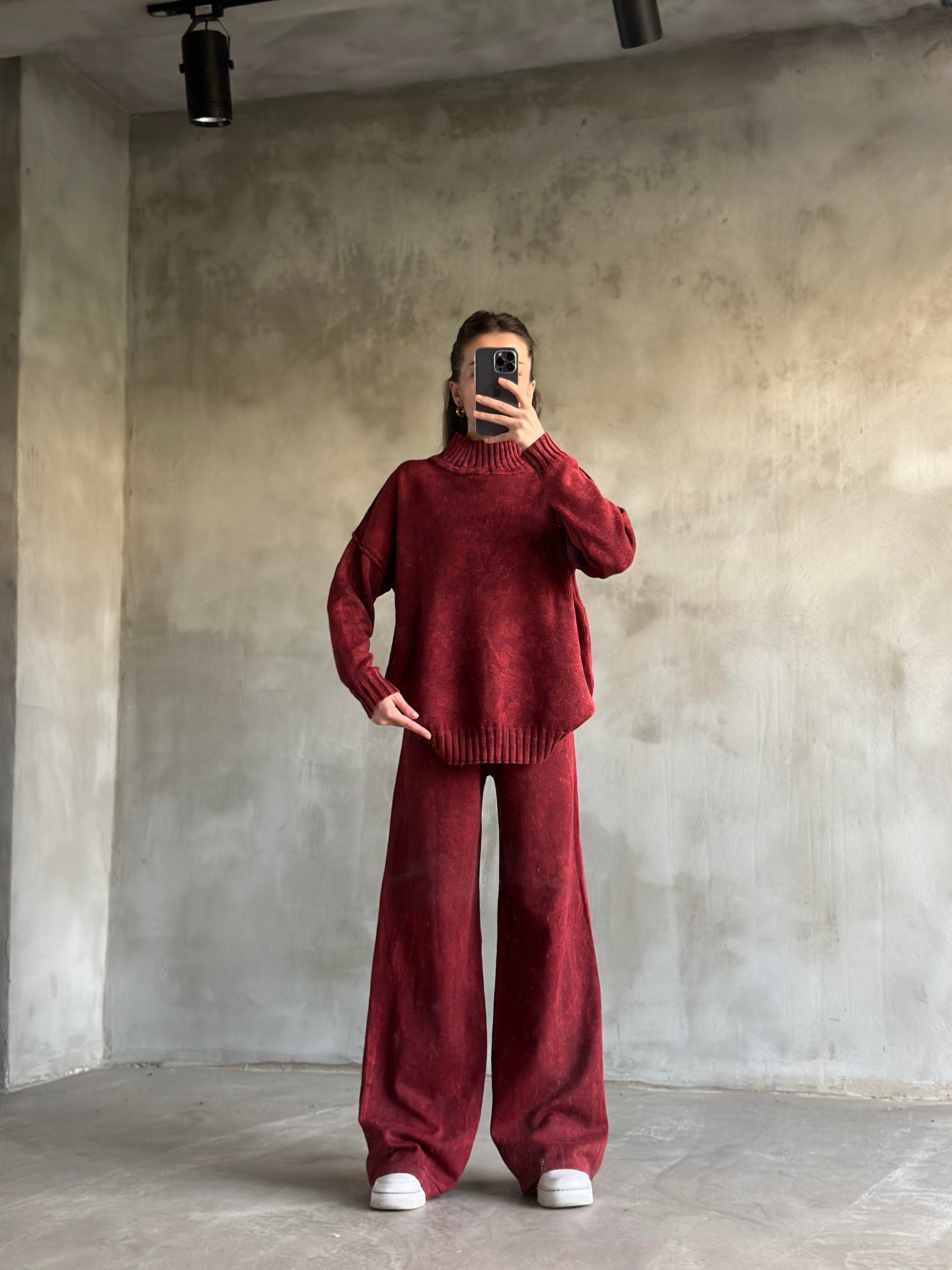 Domi Yıkamalı Triko Takım - Bordo - Dominatrend