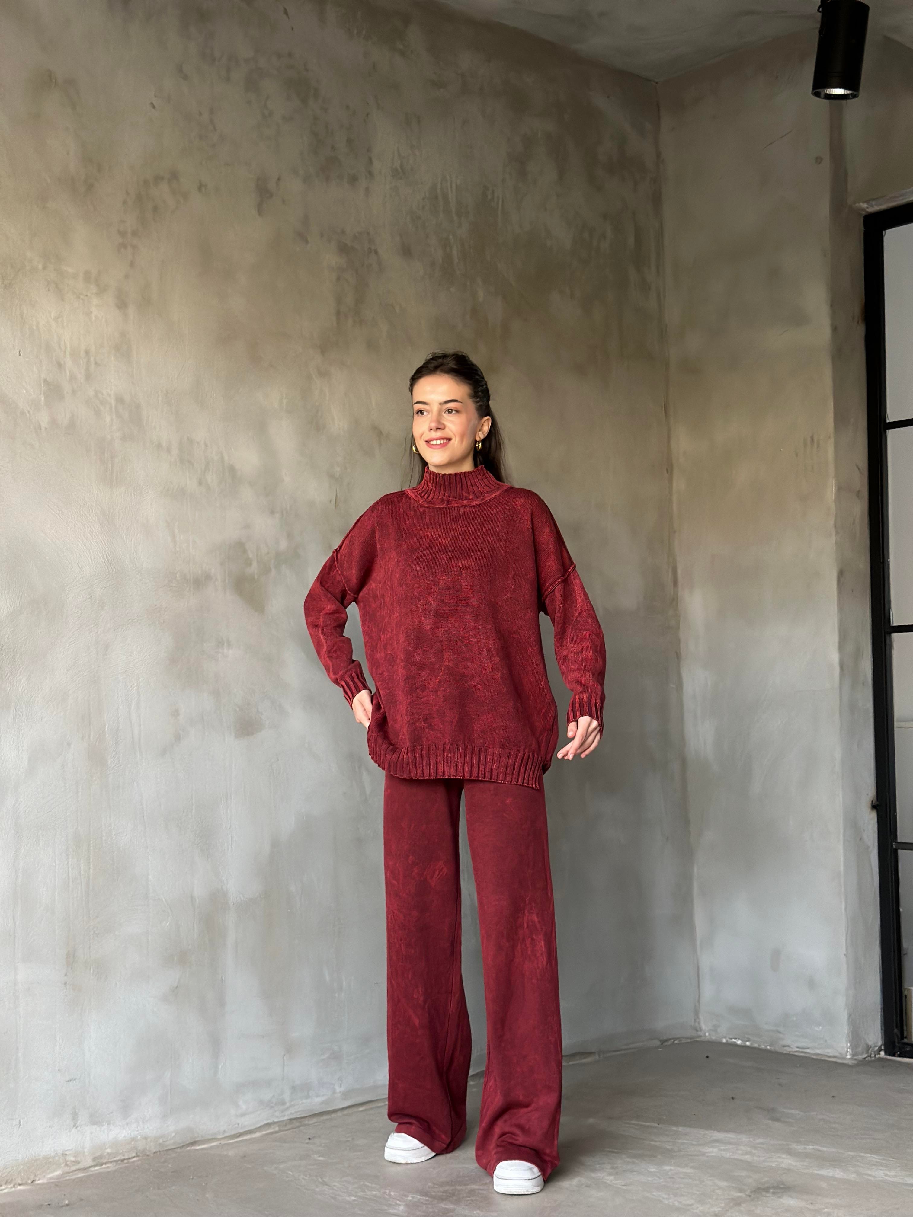 Domi Yıkamalı Triko Takım - Bordo - Dominatrend
