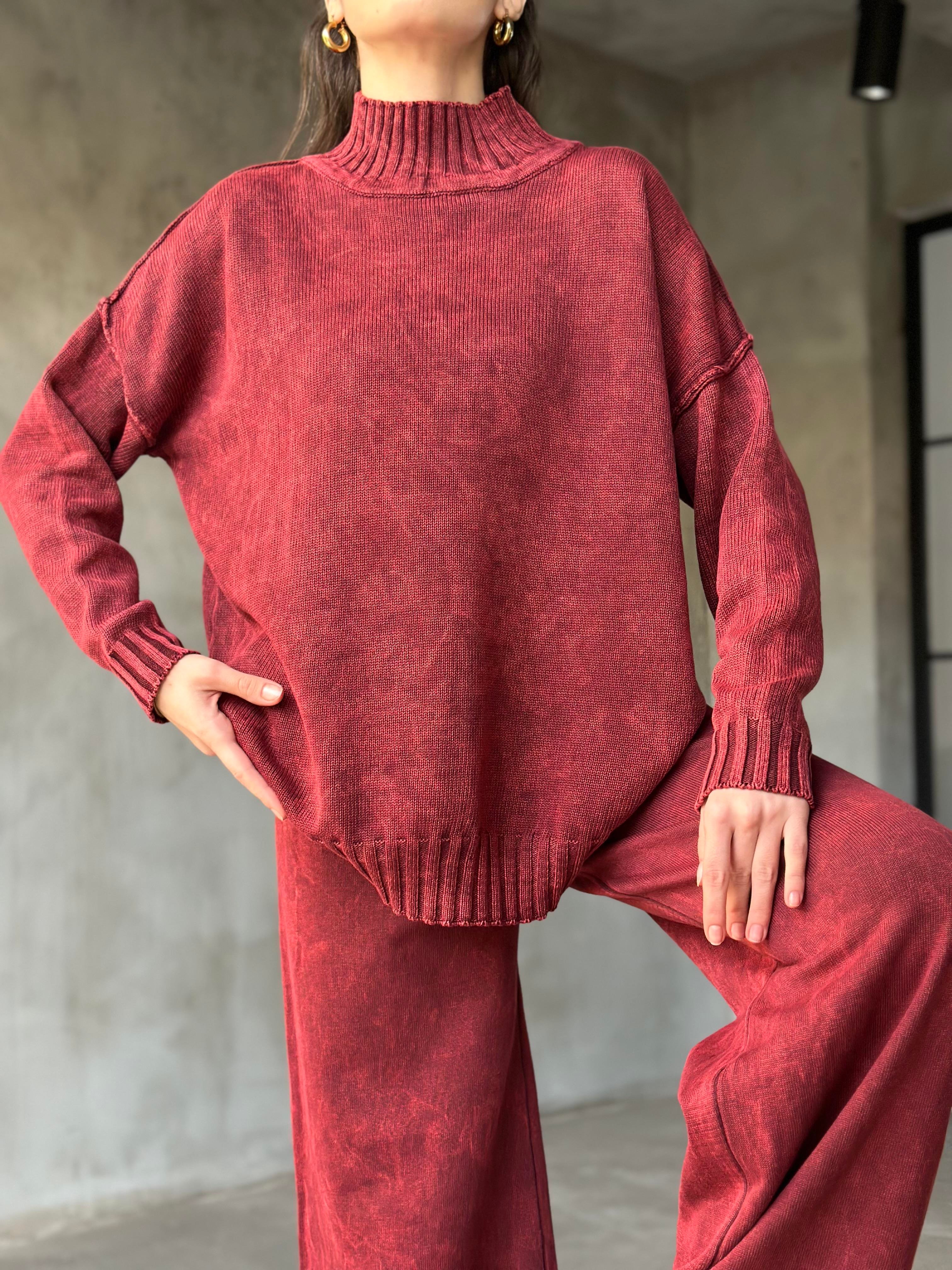 Domi Yıkamalı Triko Takım - Bordo - Dominatrend