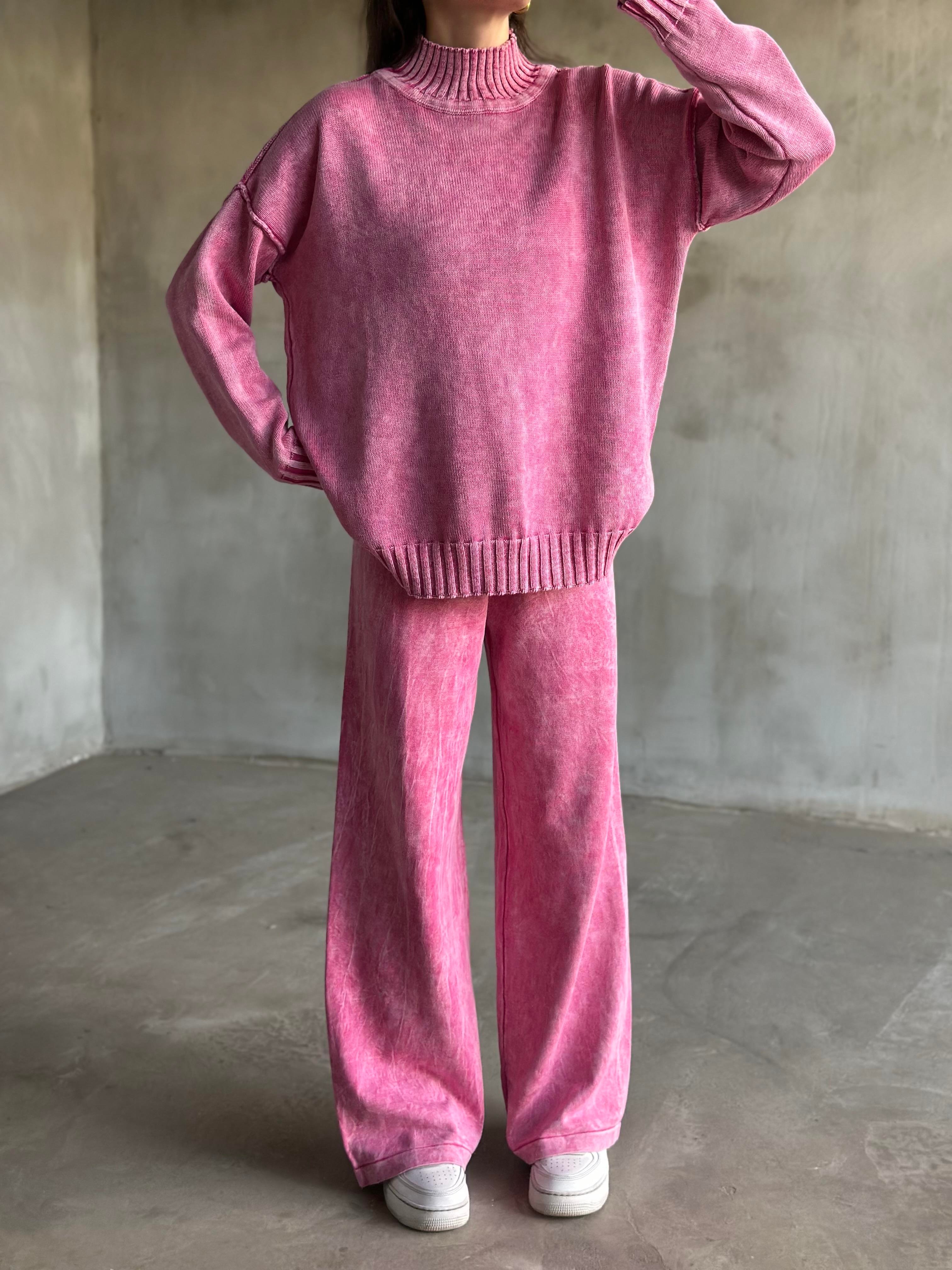 Domi Yıkamalı Triko Takım - Pembe - Dominatrend