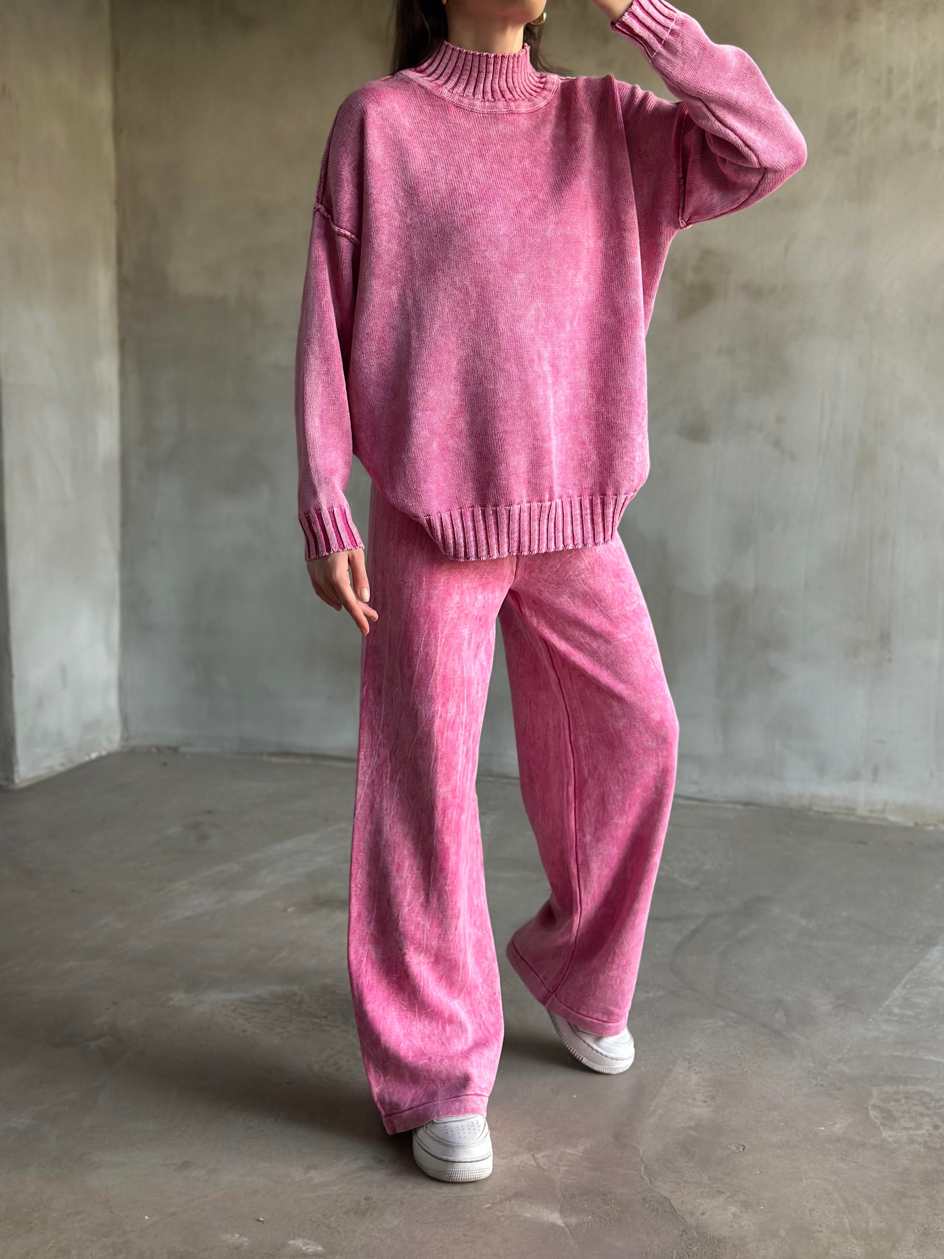 Domi Yıkamalı Triko Takım - Pembe - Dominatrend