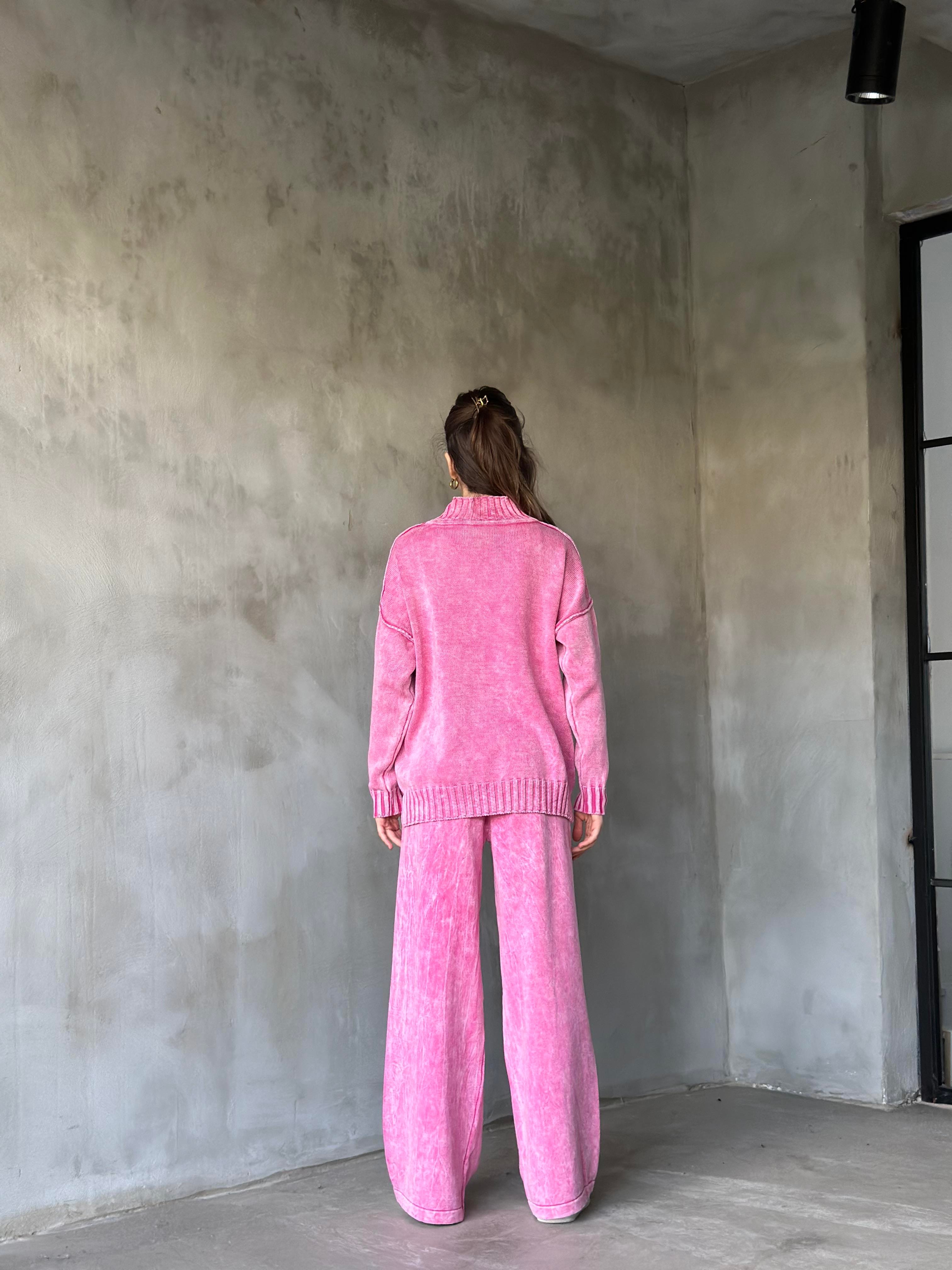 Domi Yıkamalı Triko Takım - Pembe - Dominatrend