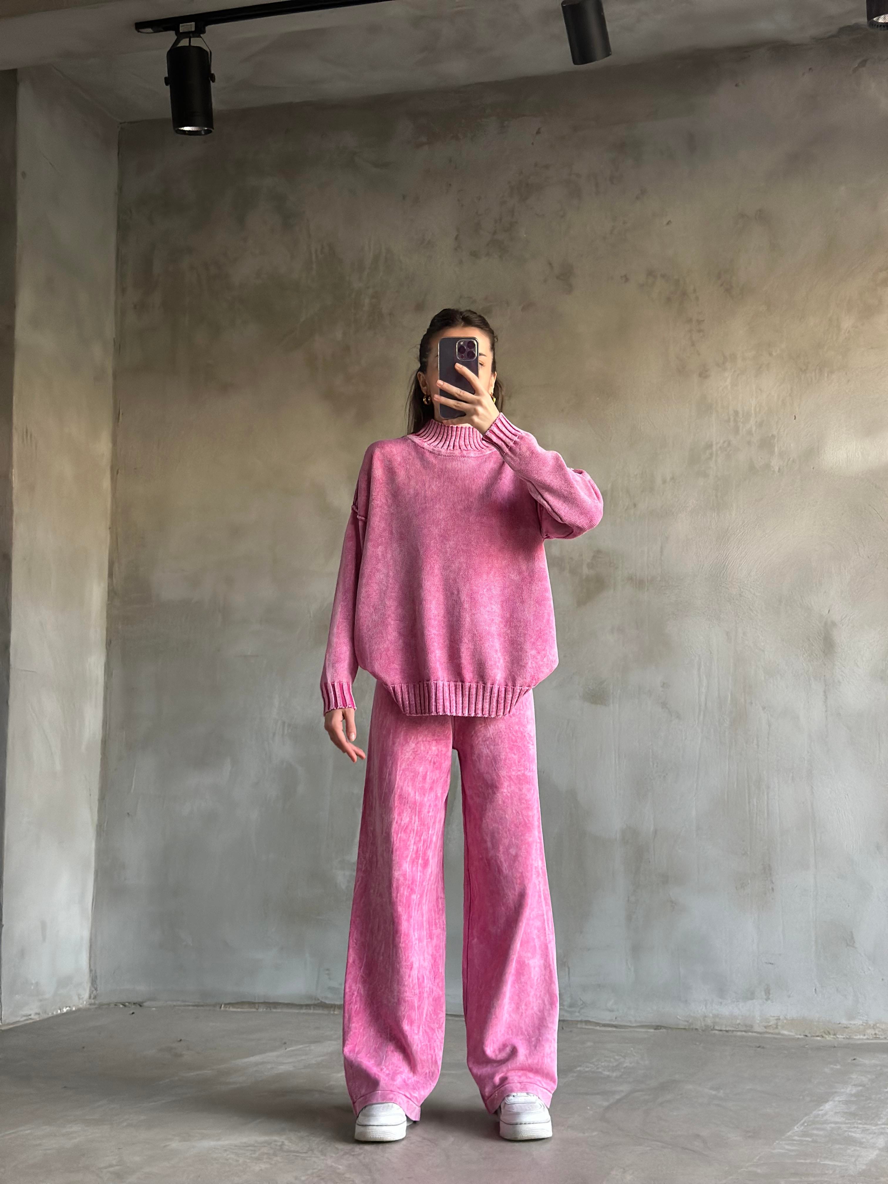 Domi Yıkamalı Triko Takım - Pembe - Dominatrend