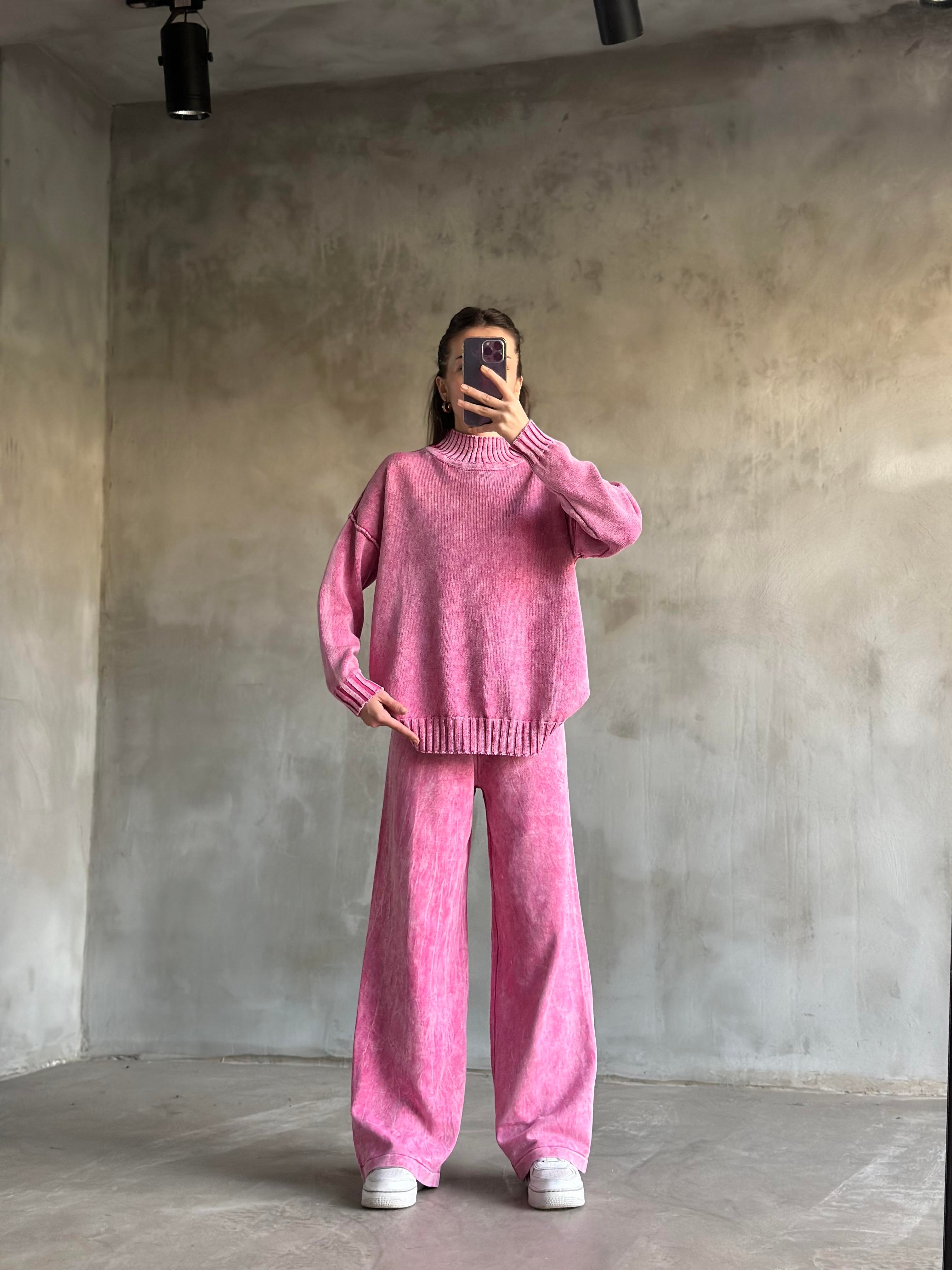 Domi Yıkamalı Triko Takım - Pembe - Dominatrend