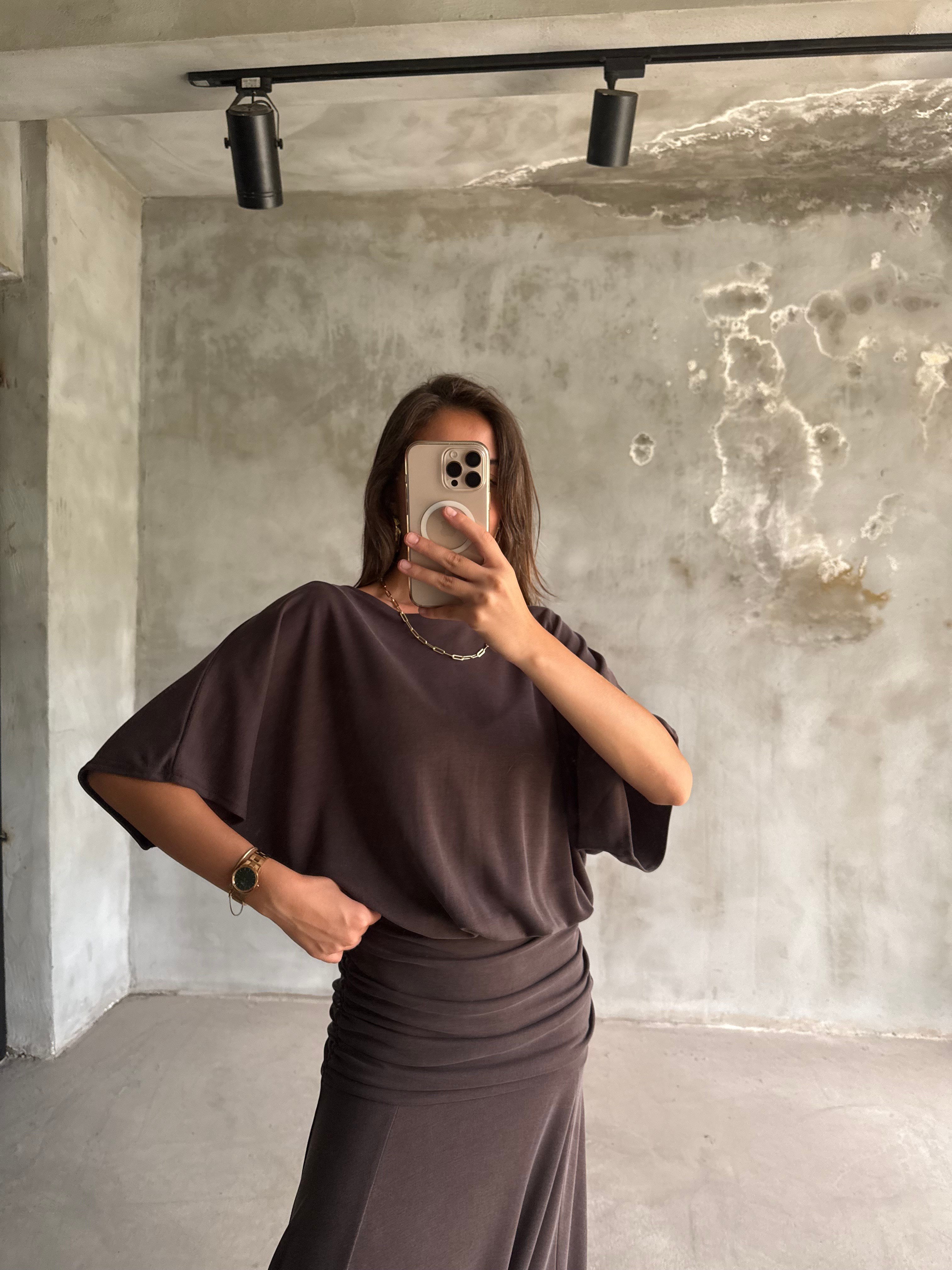 Drapeli Maxi Boy Pike Elbise Kahverengi - Dominatrend