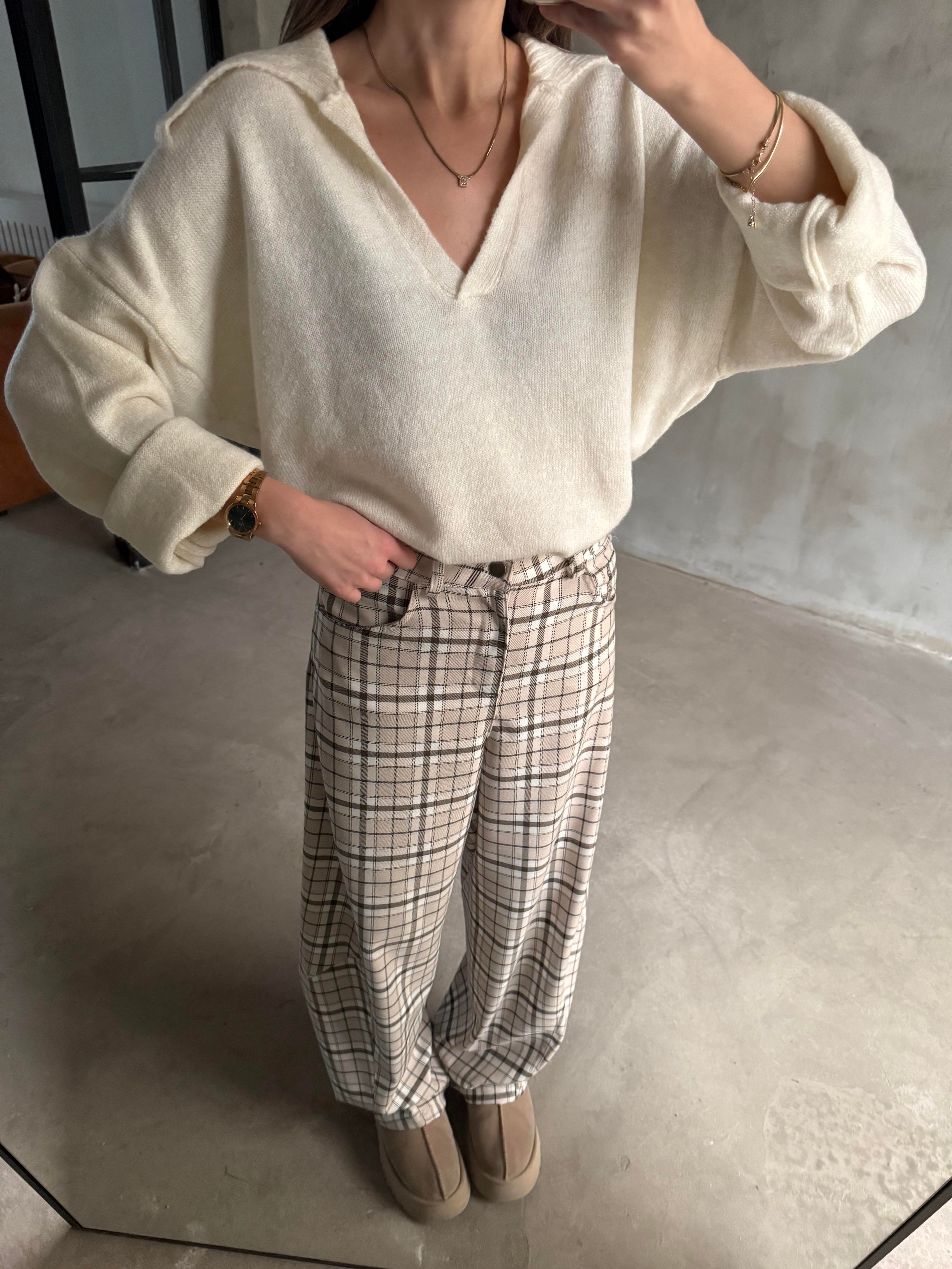 Ekose Balon Pantolon - Ekru - Dominatrend