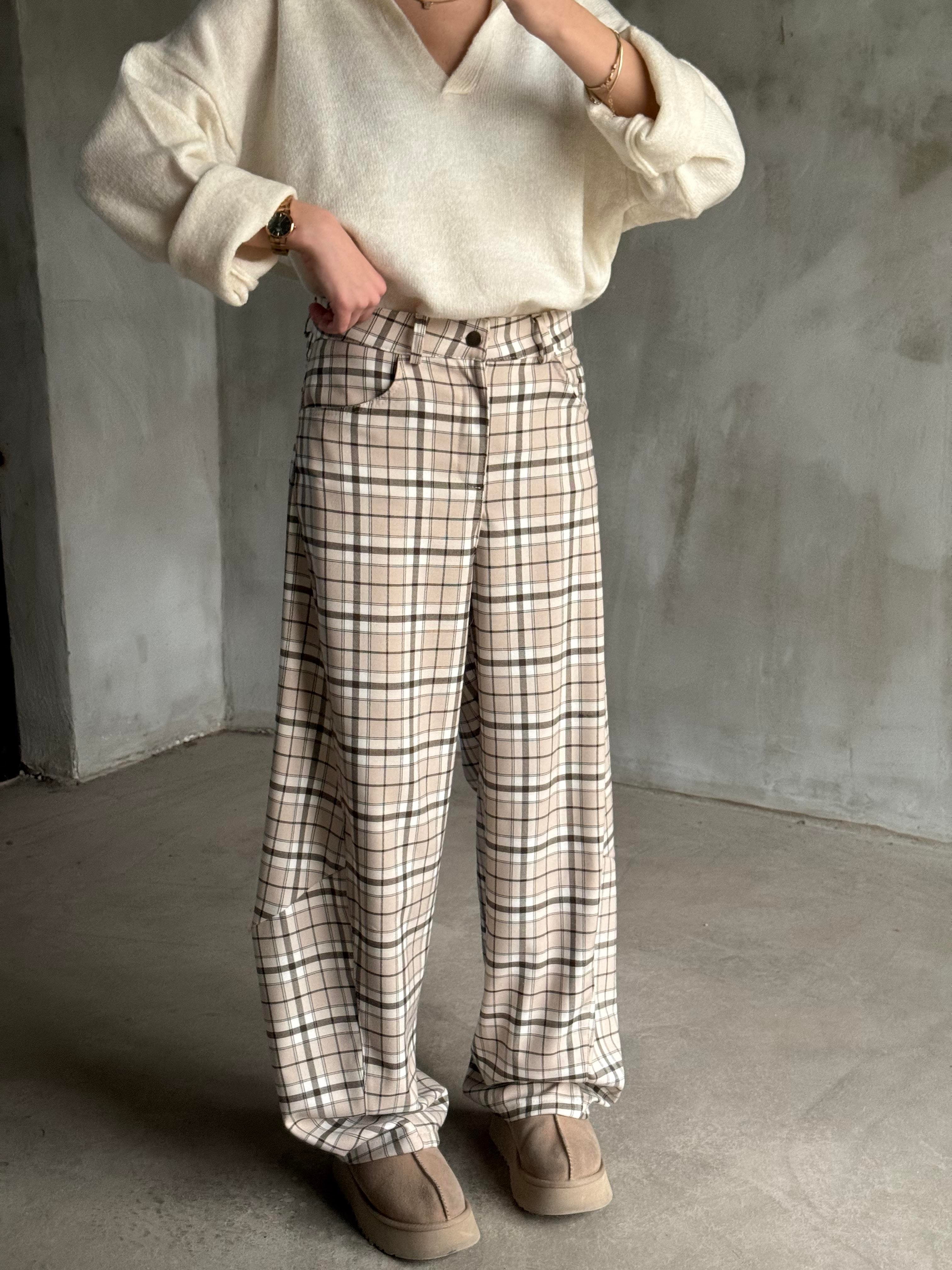 Ekose Balon Pantolon - Ekru - Dominatrend