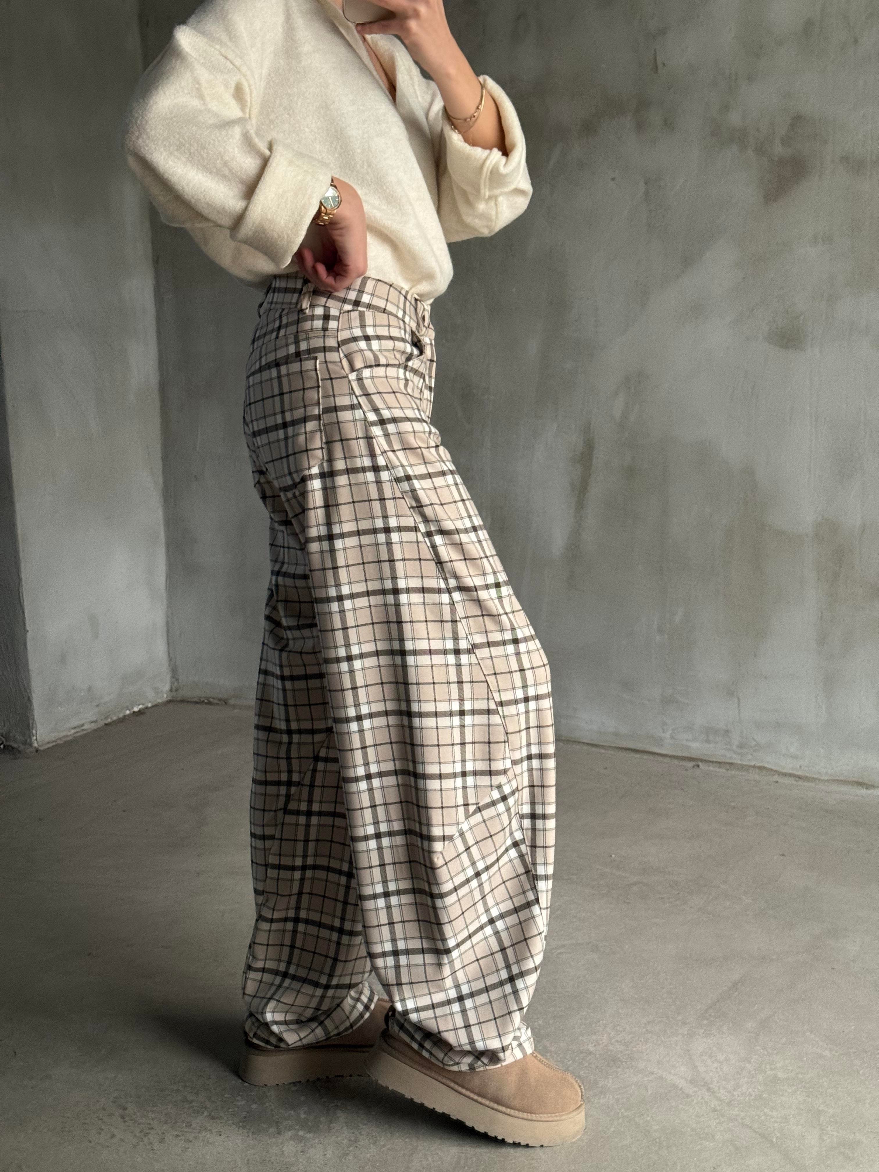 Ekose Balon Pantolon - Ekru - Dominatrend
