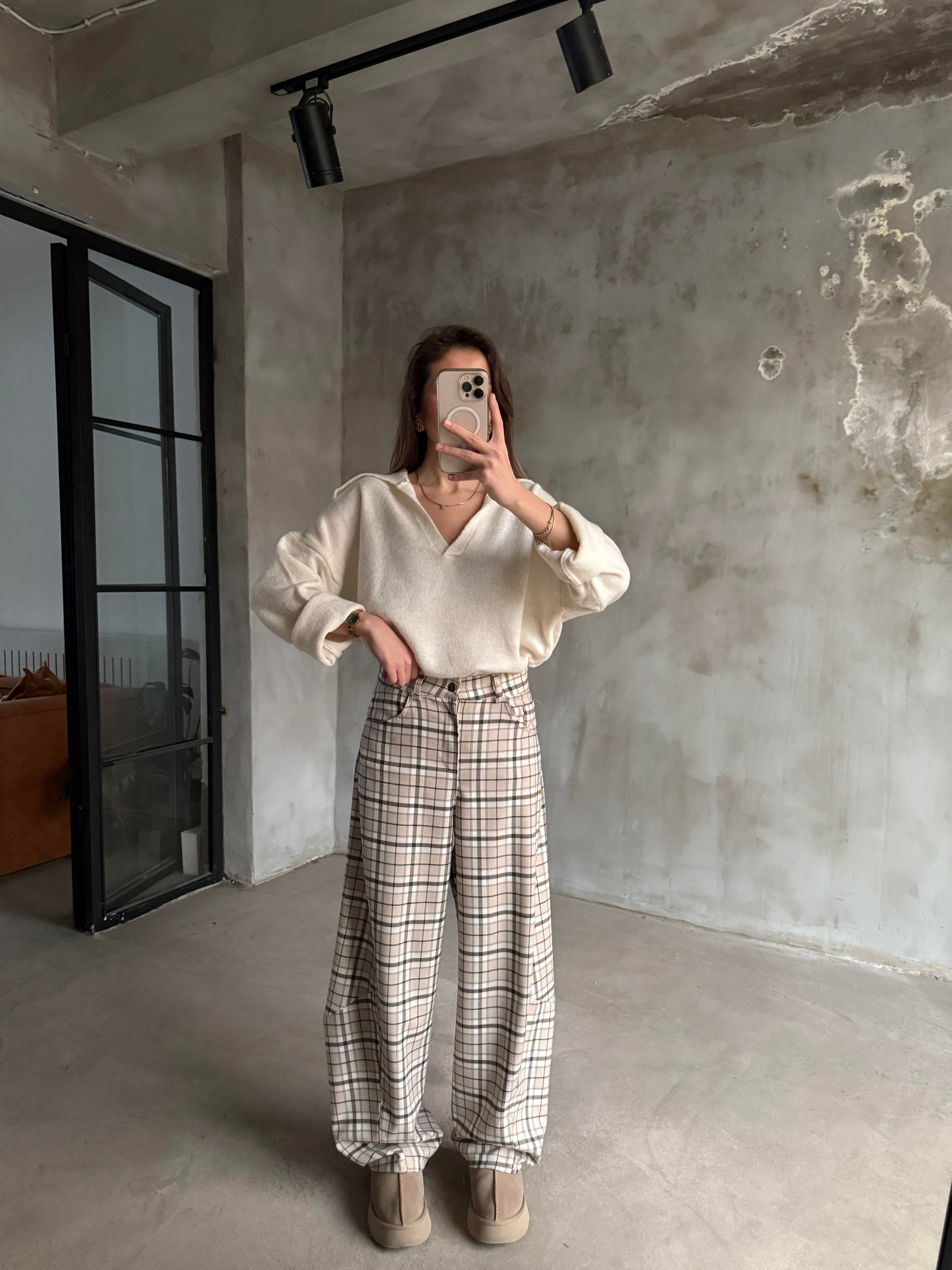 Ekose Balon Pantolon - Ekru - Dominatrend