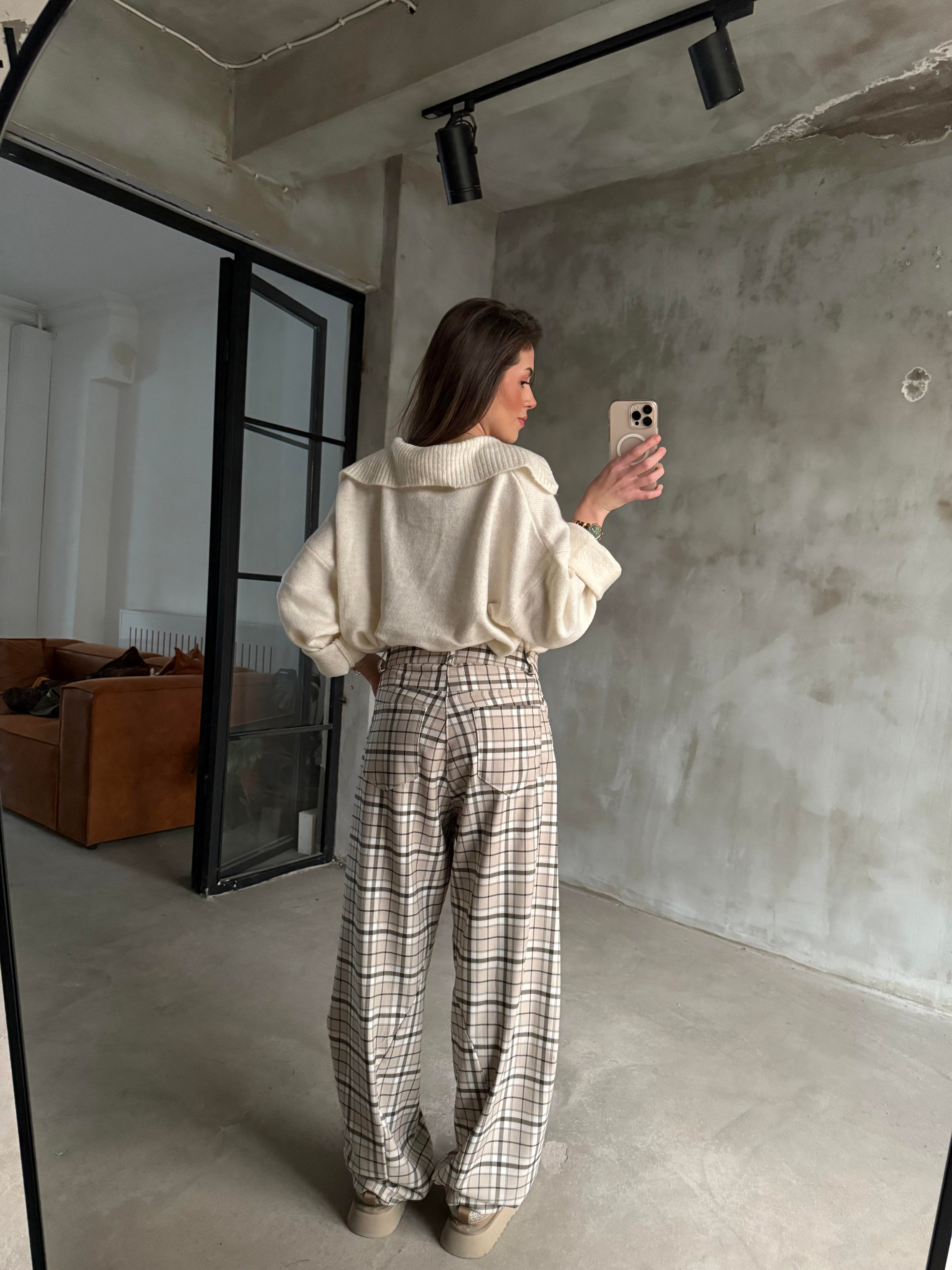 Ekose Balon Pantolon - Ekru - Dominatrend