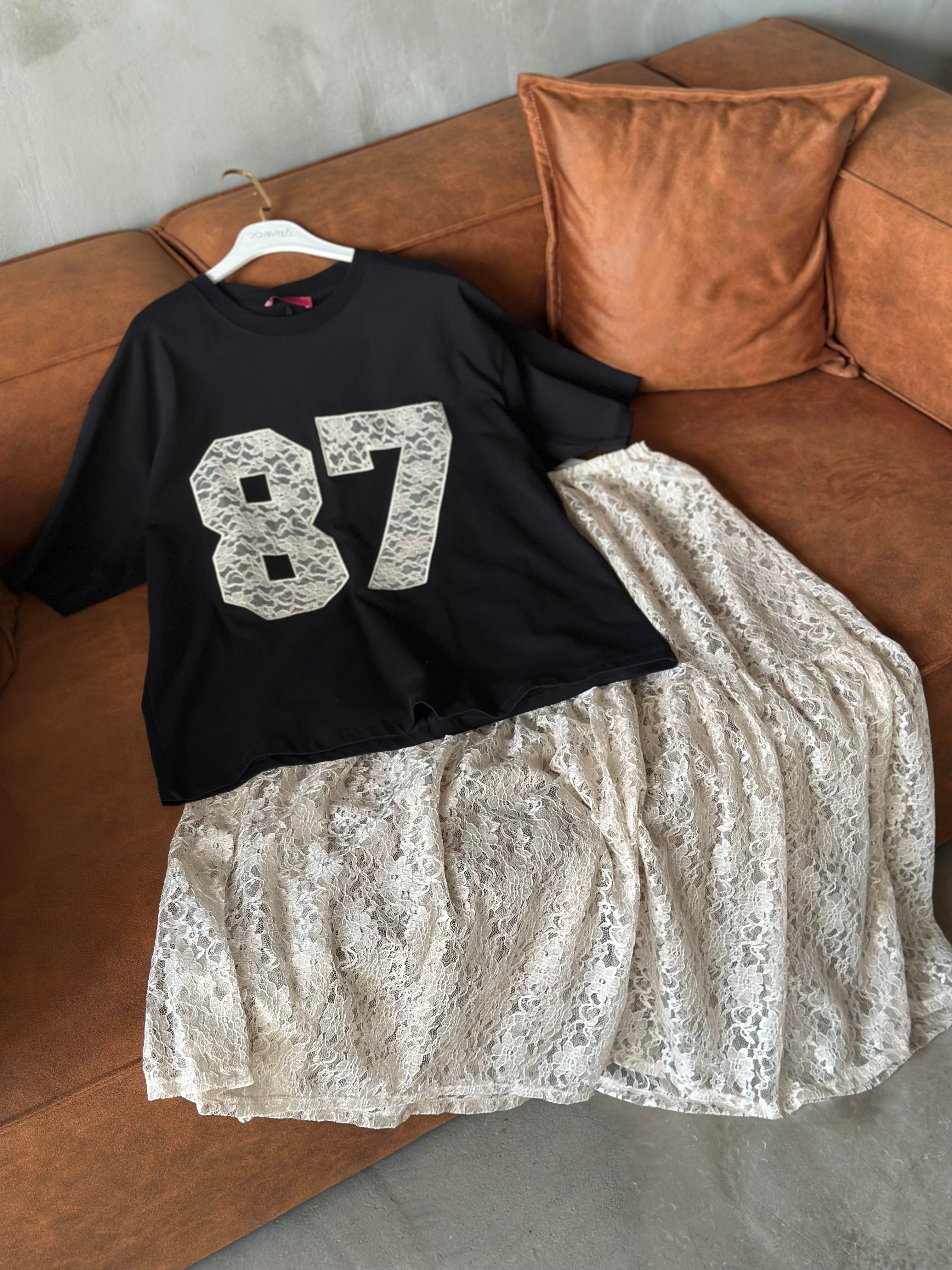 Ekru Dantel Etek Siyah Tshirt Takım - Dominatrend