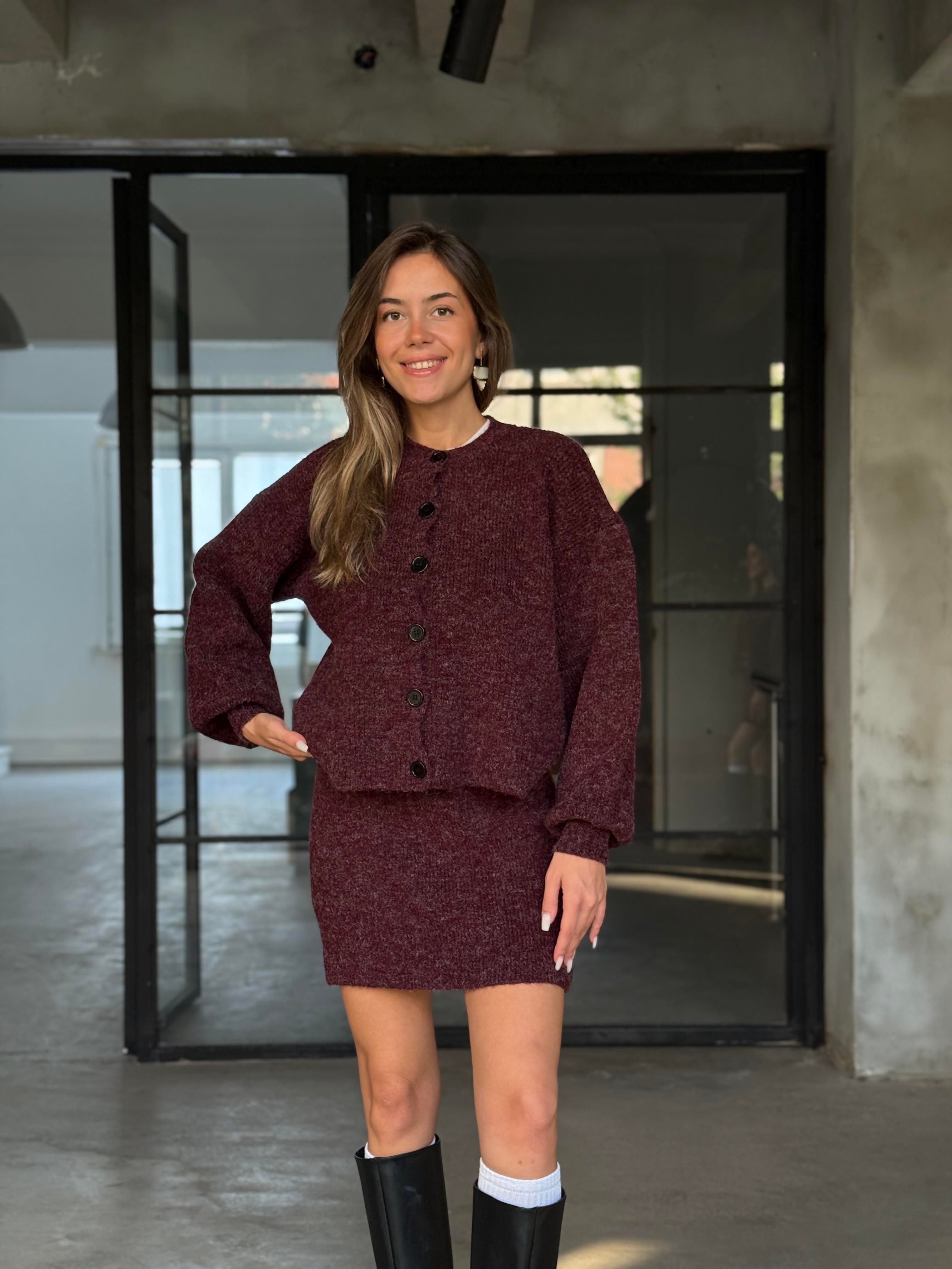 Etek Ceket Triko Takım - Bordo - Dominatrend