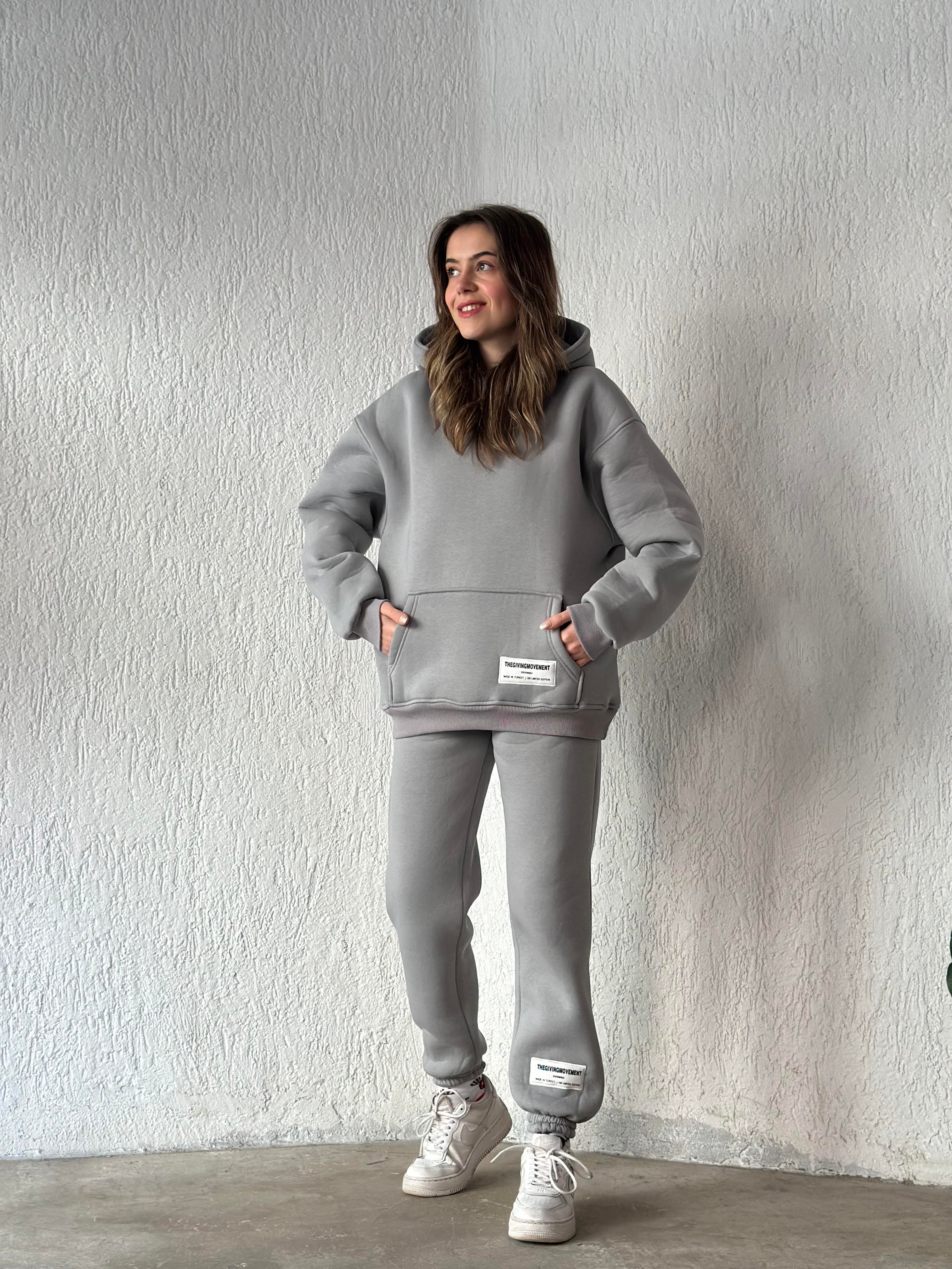 Etiket Detay Oversize Eşofman Takımı - Uzay Grii - Dominatrend